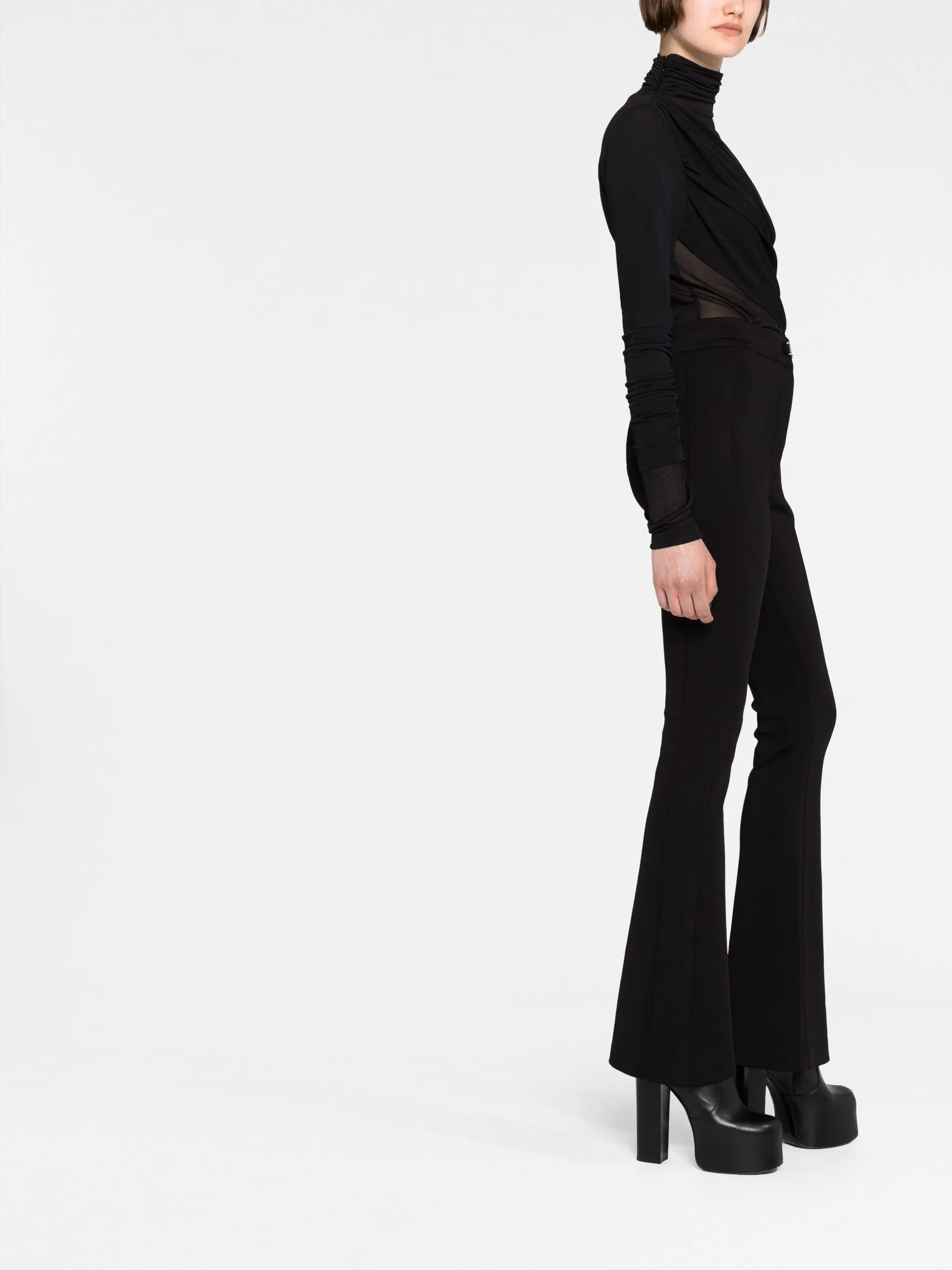 high-waisted flared trousers