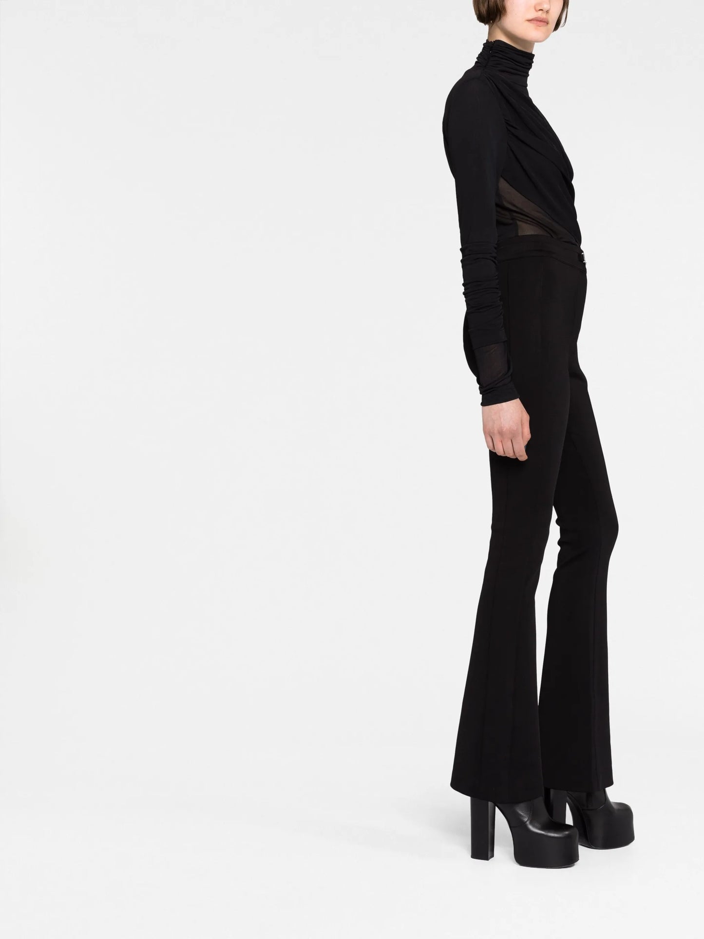 high-waisted flared trousers