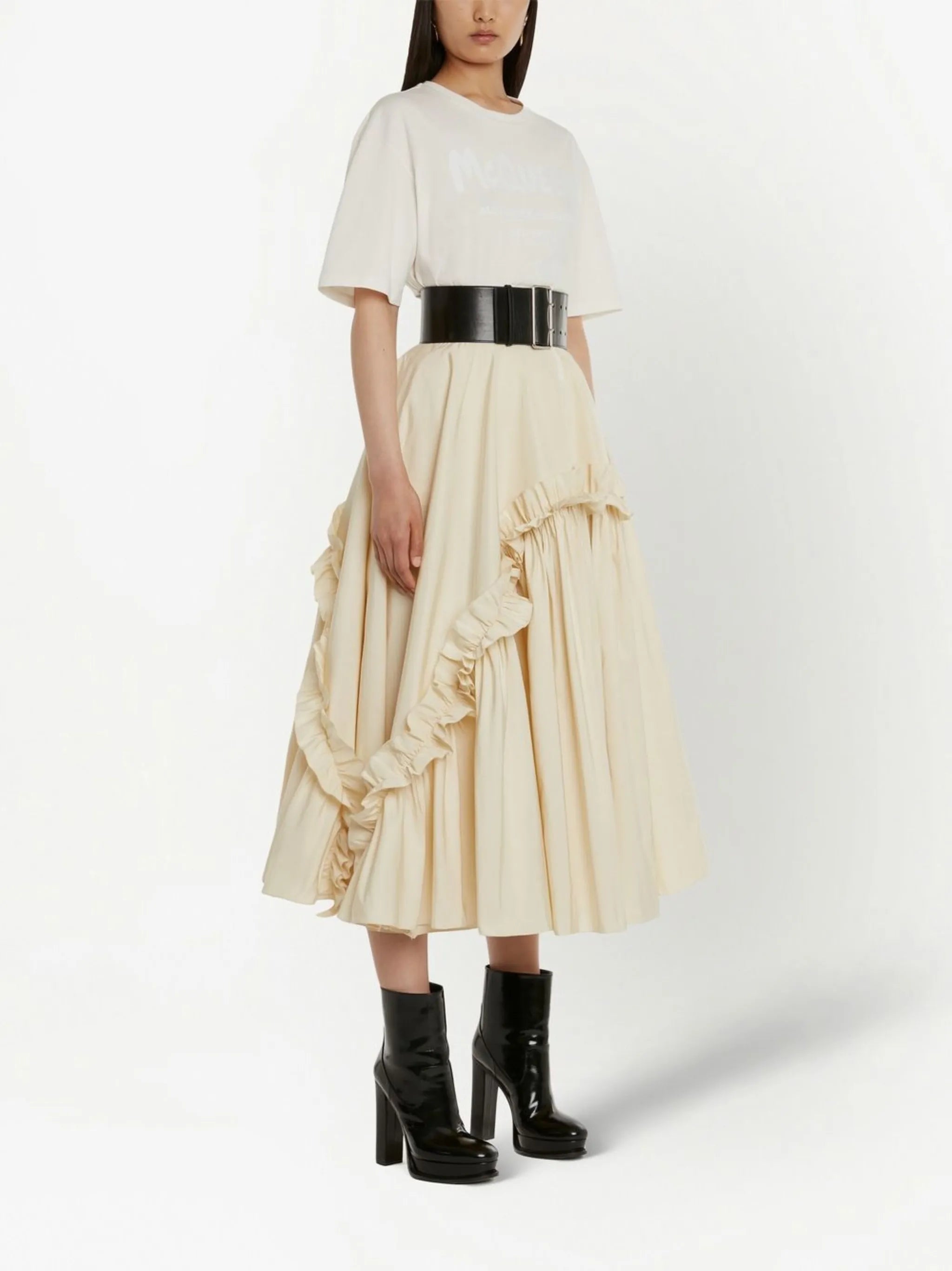 asymmetric ruffle-detail A-line skirt