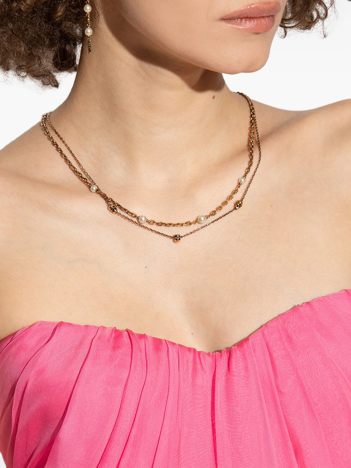 skull and pearl charm layered necklace