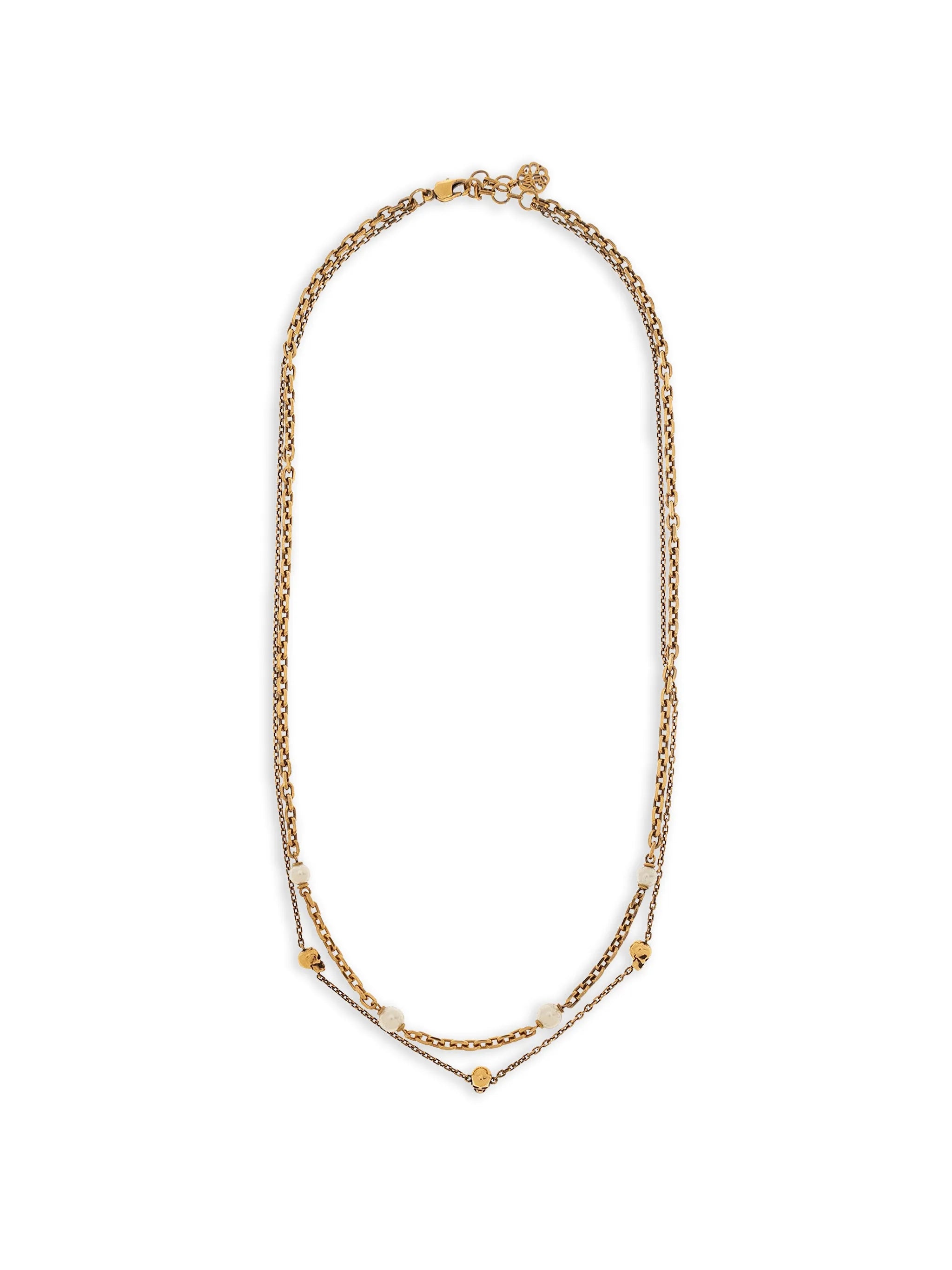 skull and pearl charm layered necklace