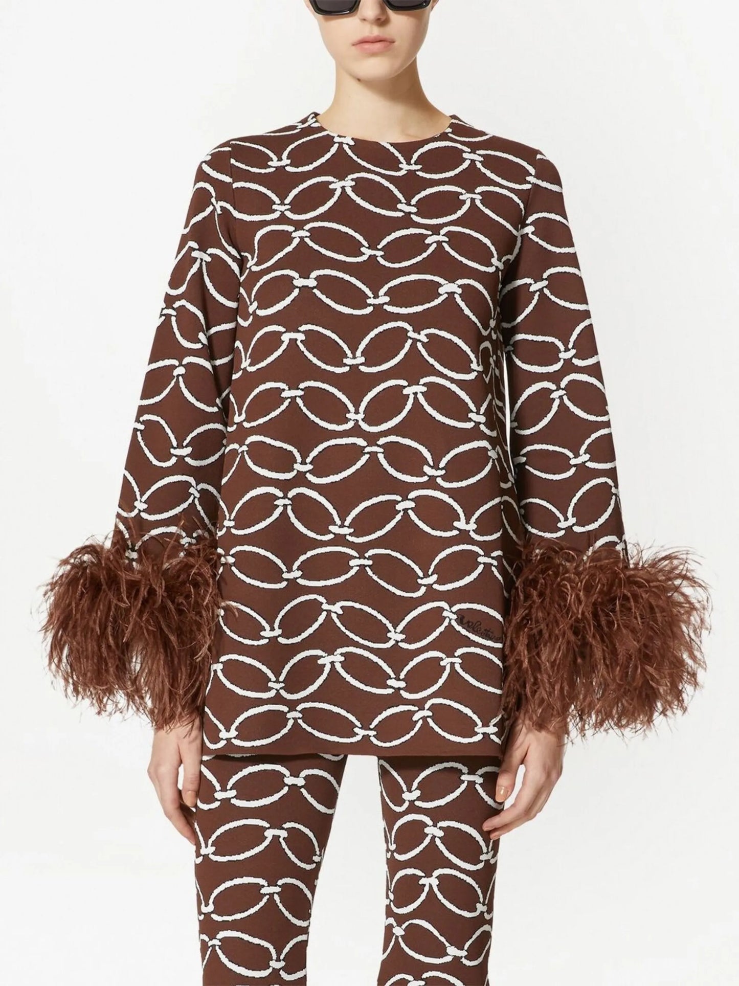 feather-trim chain-print top