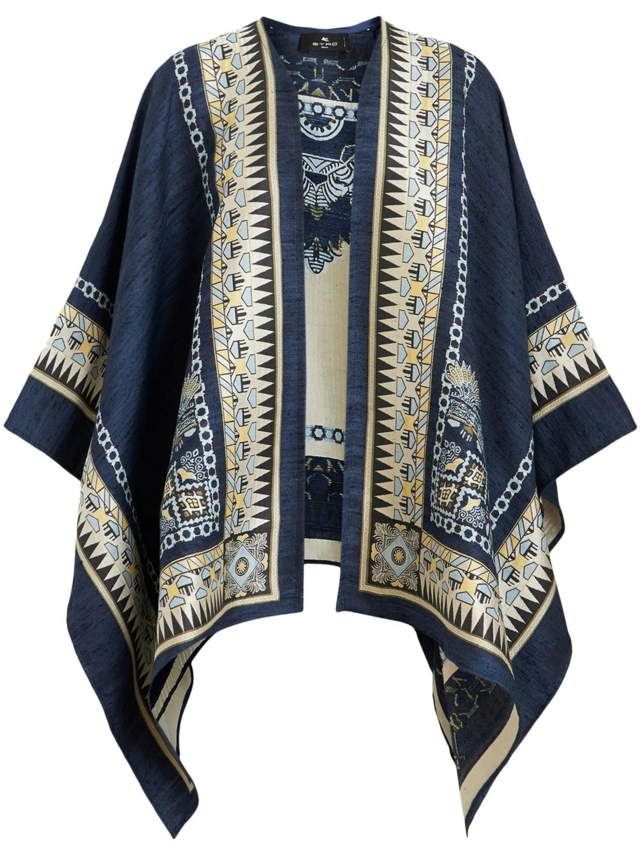 geometric-print denim cape