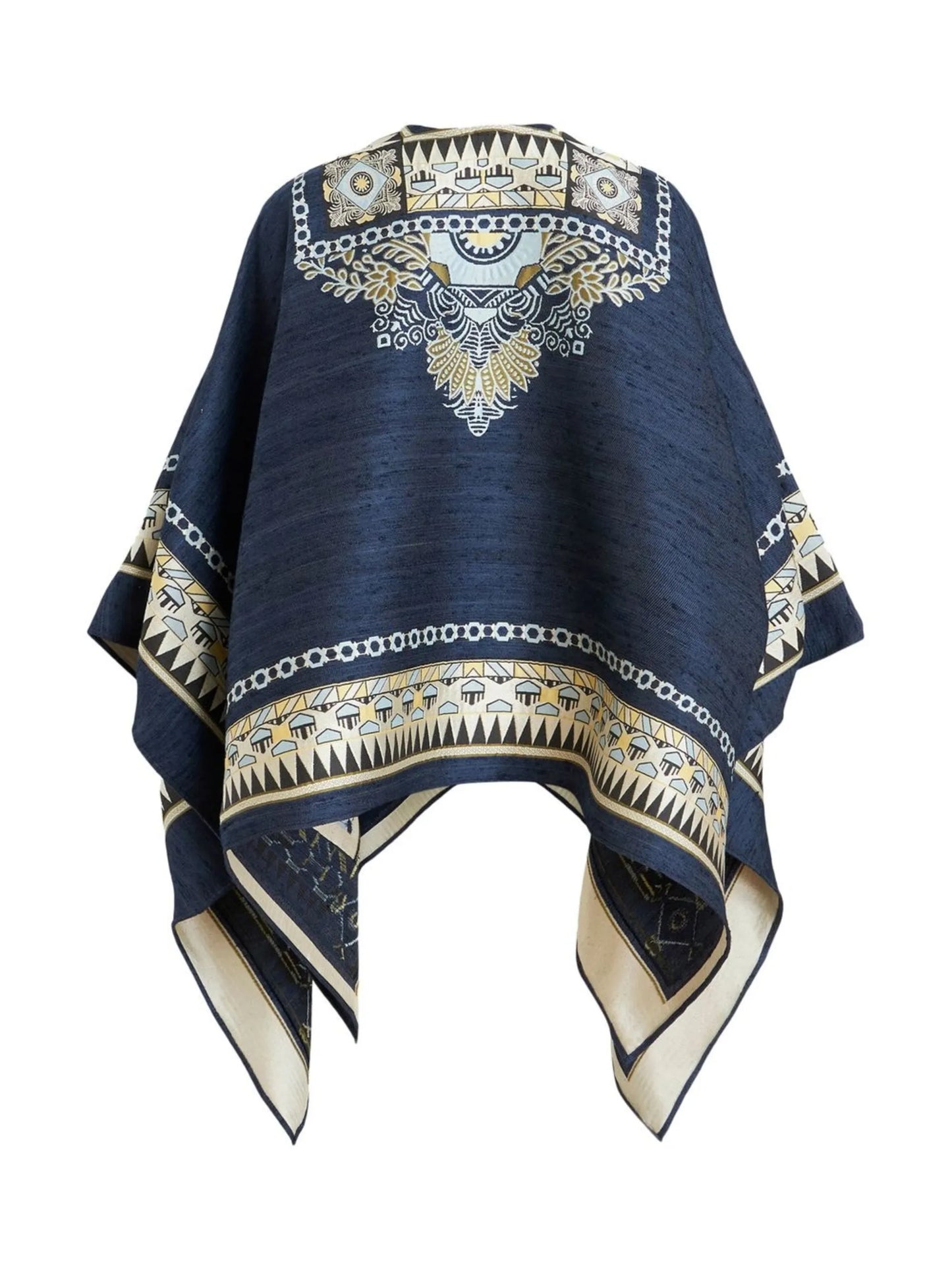 geometric-print denim cape