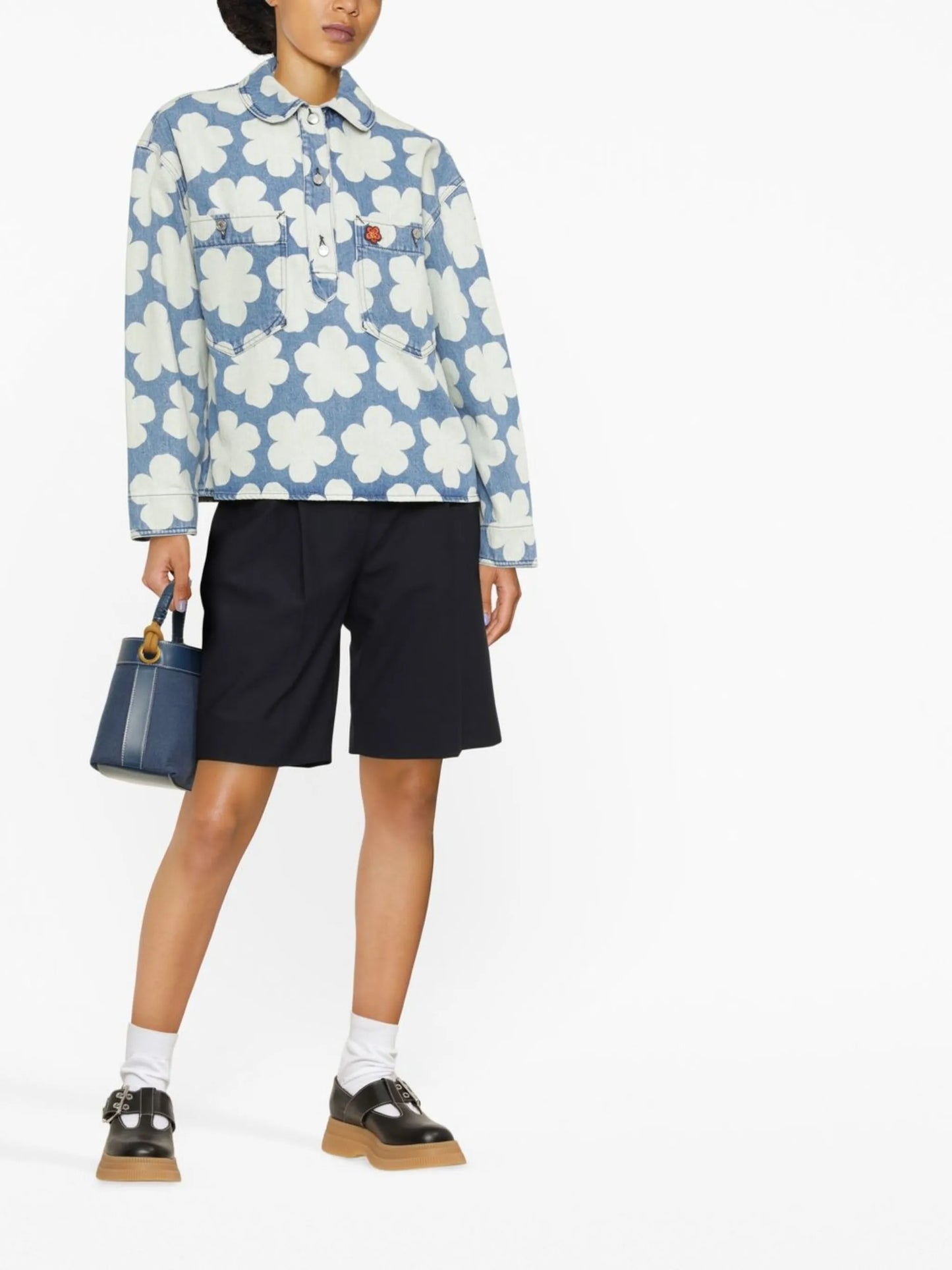Hana Dots-print denim polo shirt