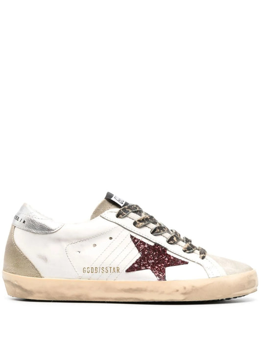 Super-Star trainers with burgundy glitter star and silver heels tab