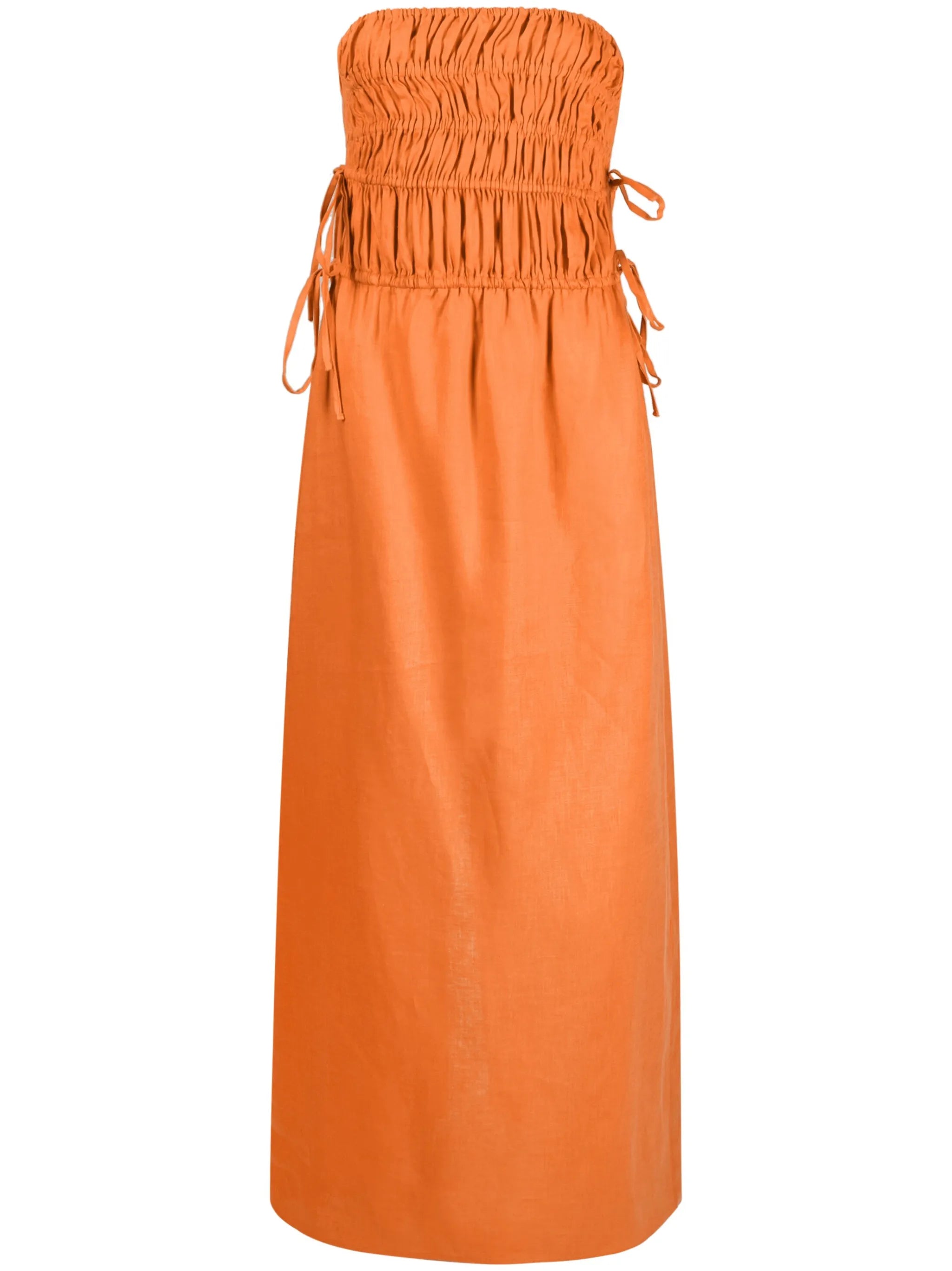 strapless ruched linen dress