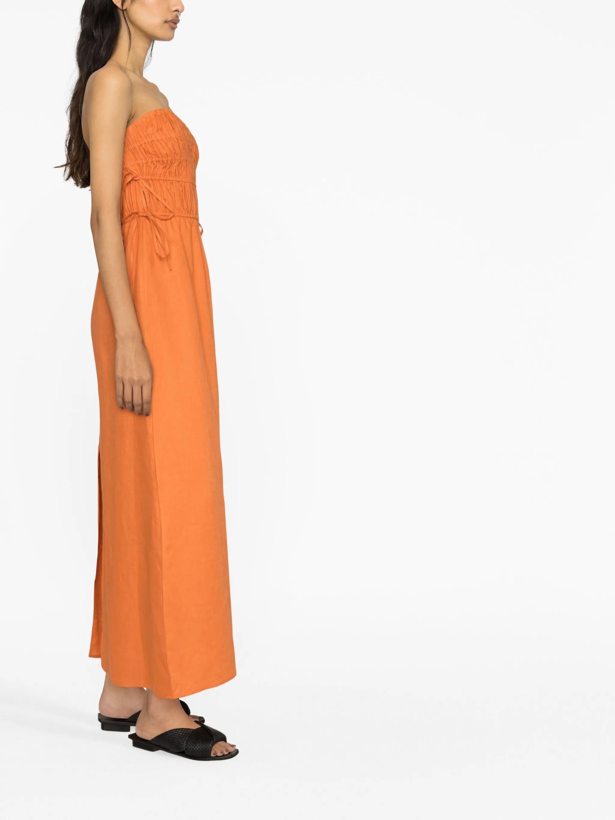 strapless ruched linen dress