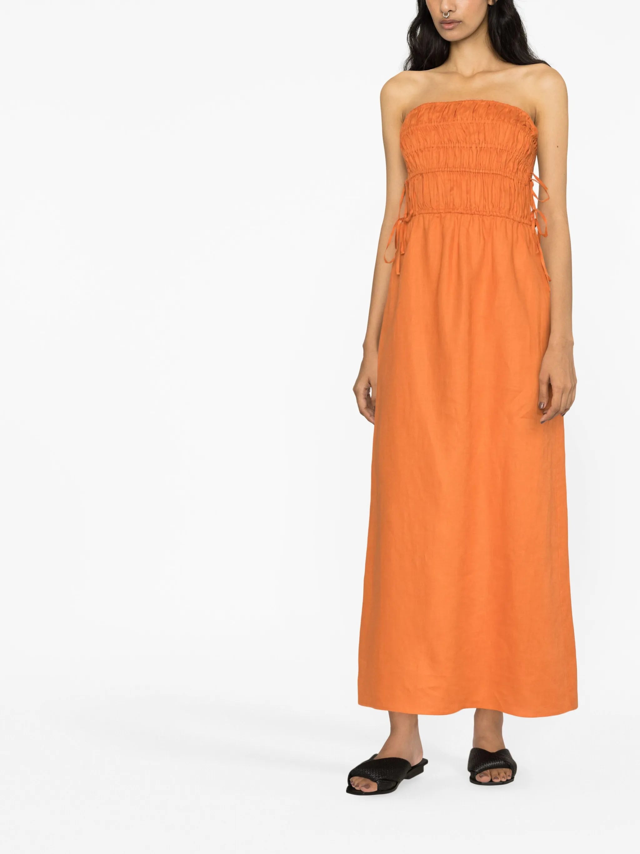 strapless ruched linen dress