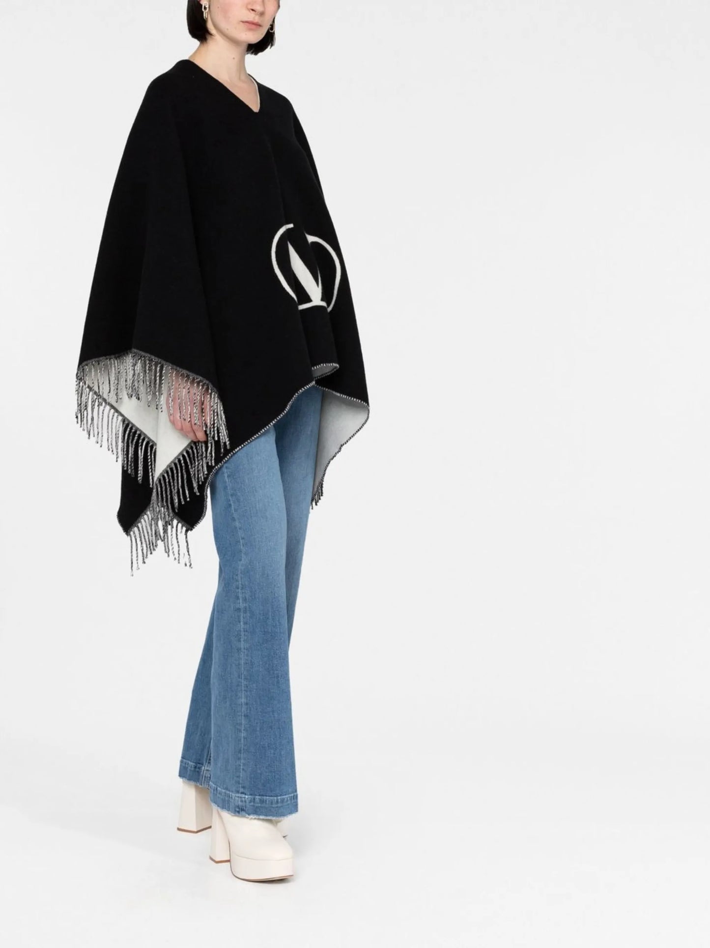 Black VLogo Signature Fringed Poncho