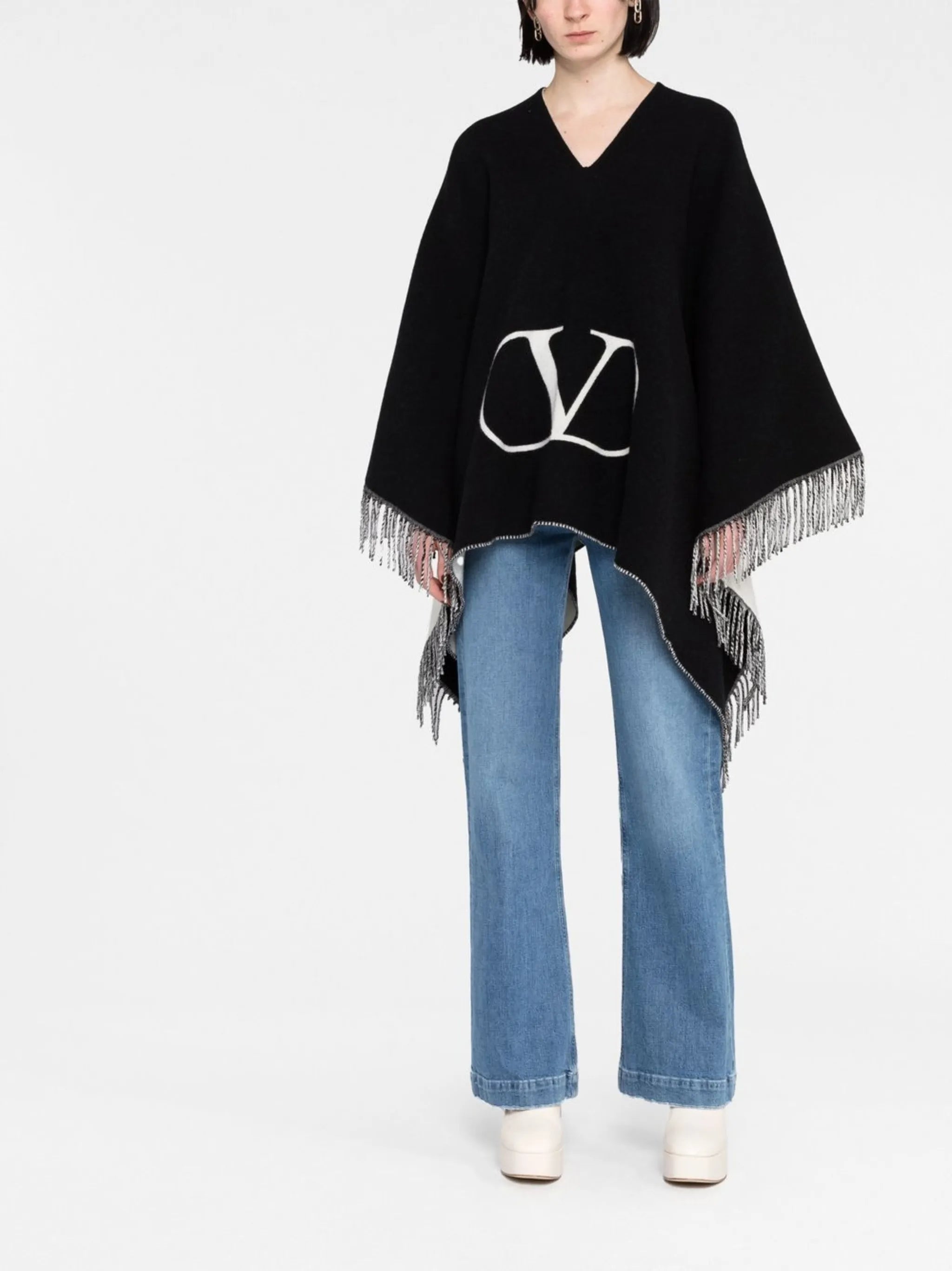 Black VLogo Signature Fringed Poncho