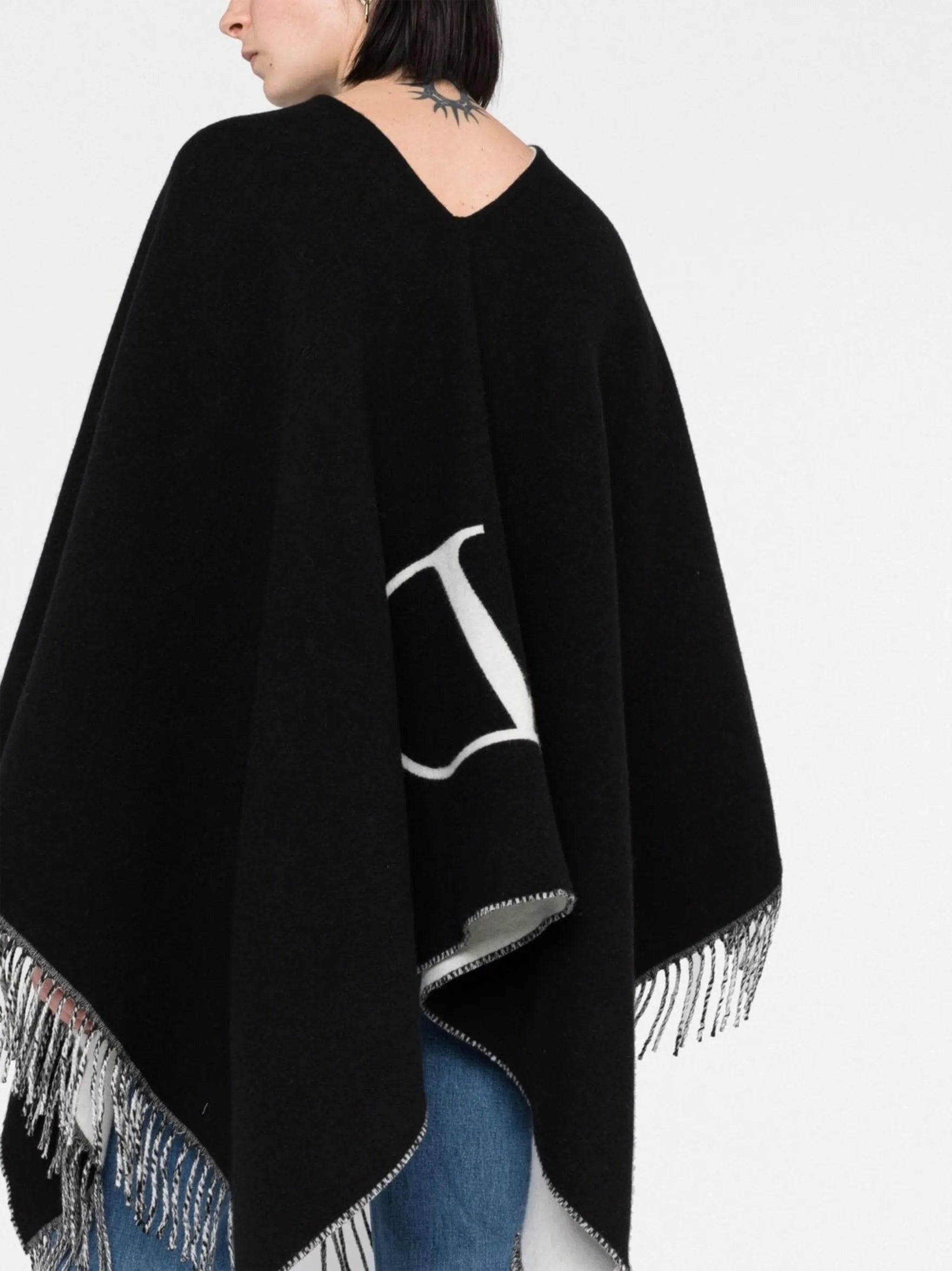 Black VLogo Signature Fringed Poncho