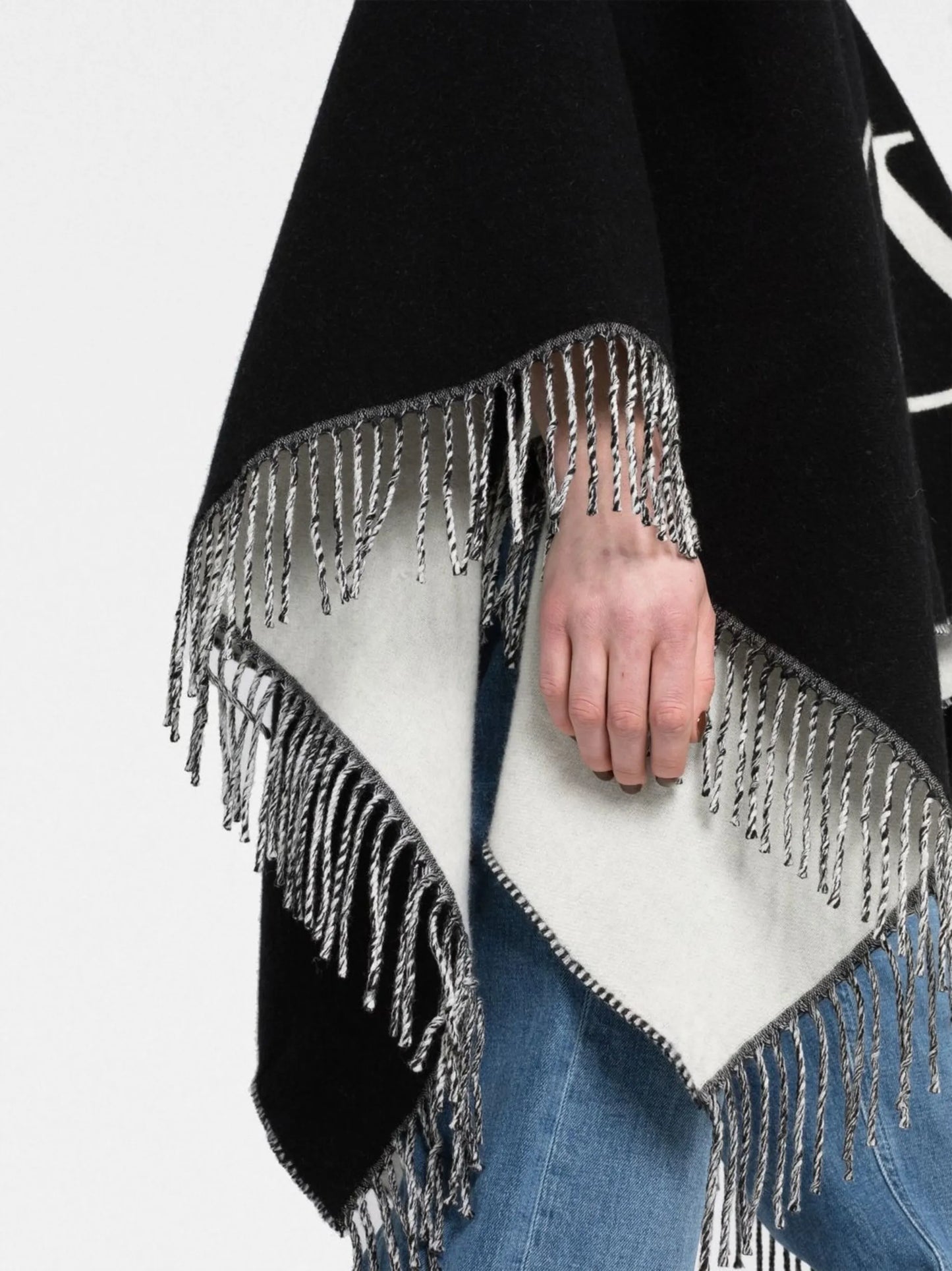 Black VLogo Signature Fringed Poncho