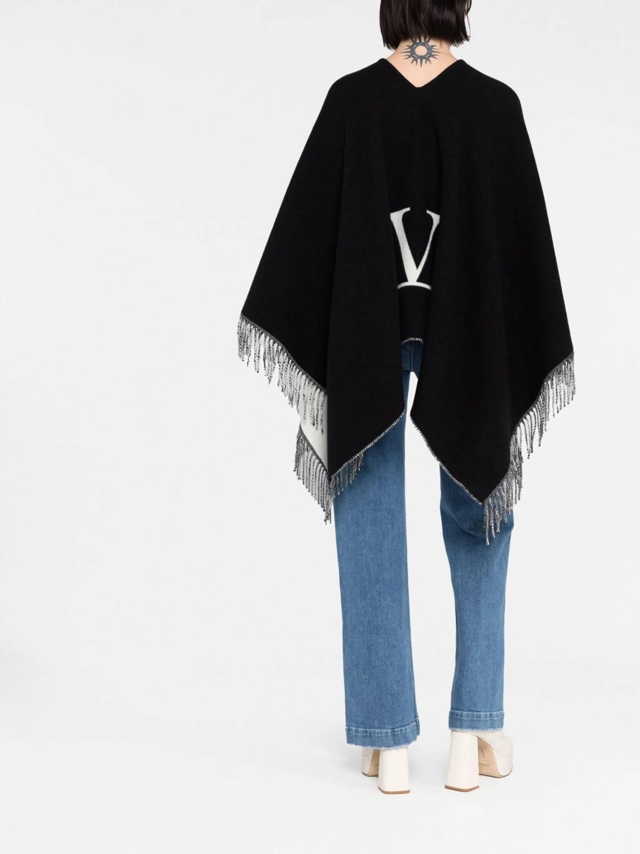 Black VLogo Signature Fringed Poncho