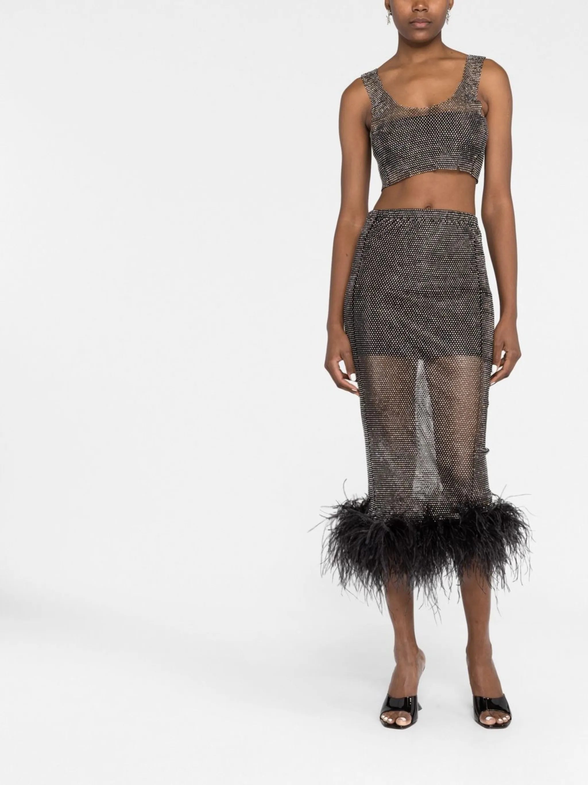 feather-trim embellished midi skirt