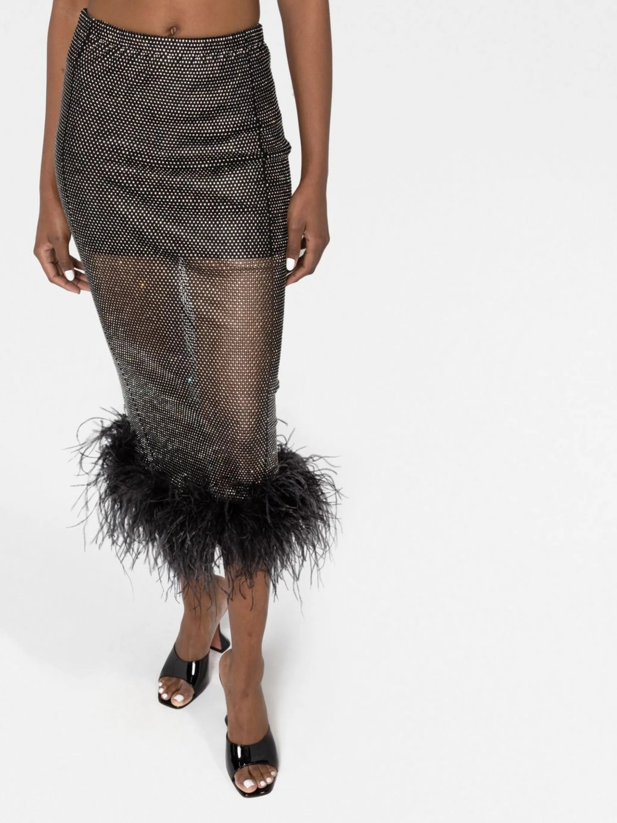 feather-trim embellished midi skirt