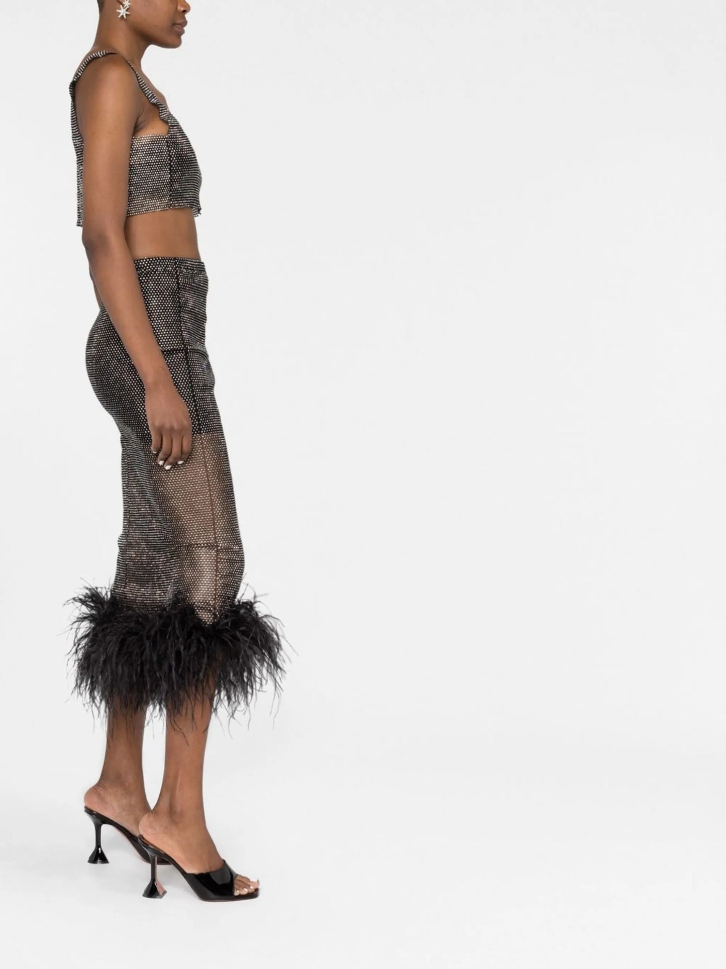 feather-trim embellished midi skirt