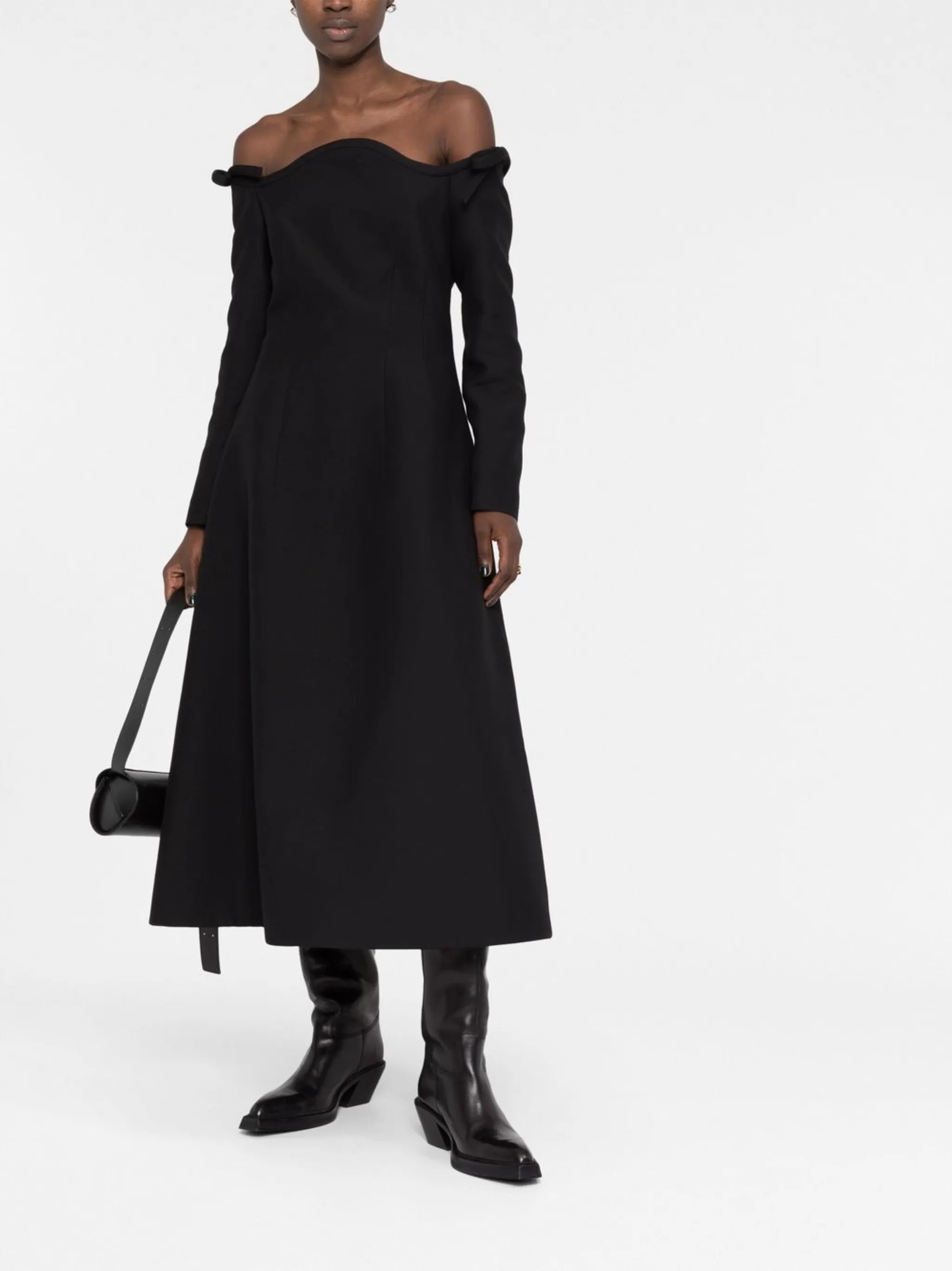 bow-detail off-shoulder crepe midi dress