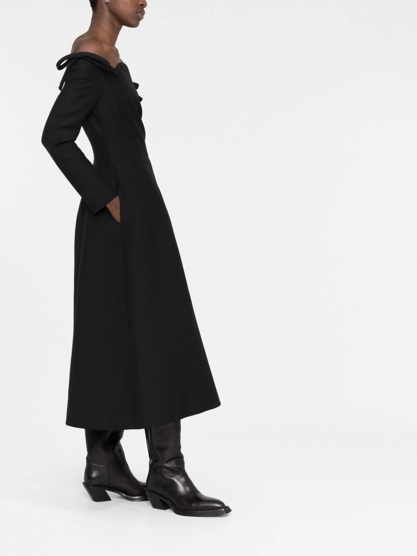 bow-detail off-shoulder crepe midi dress
