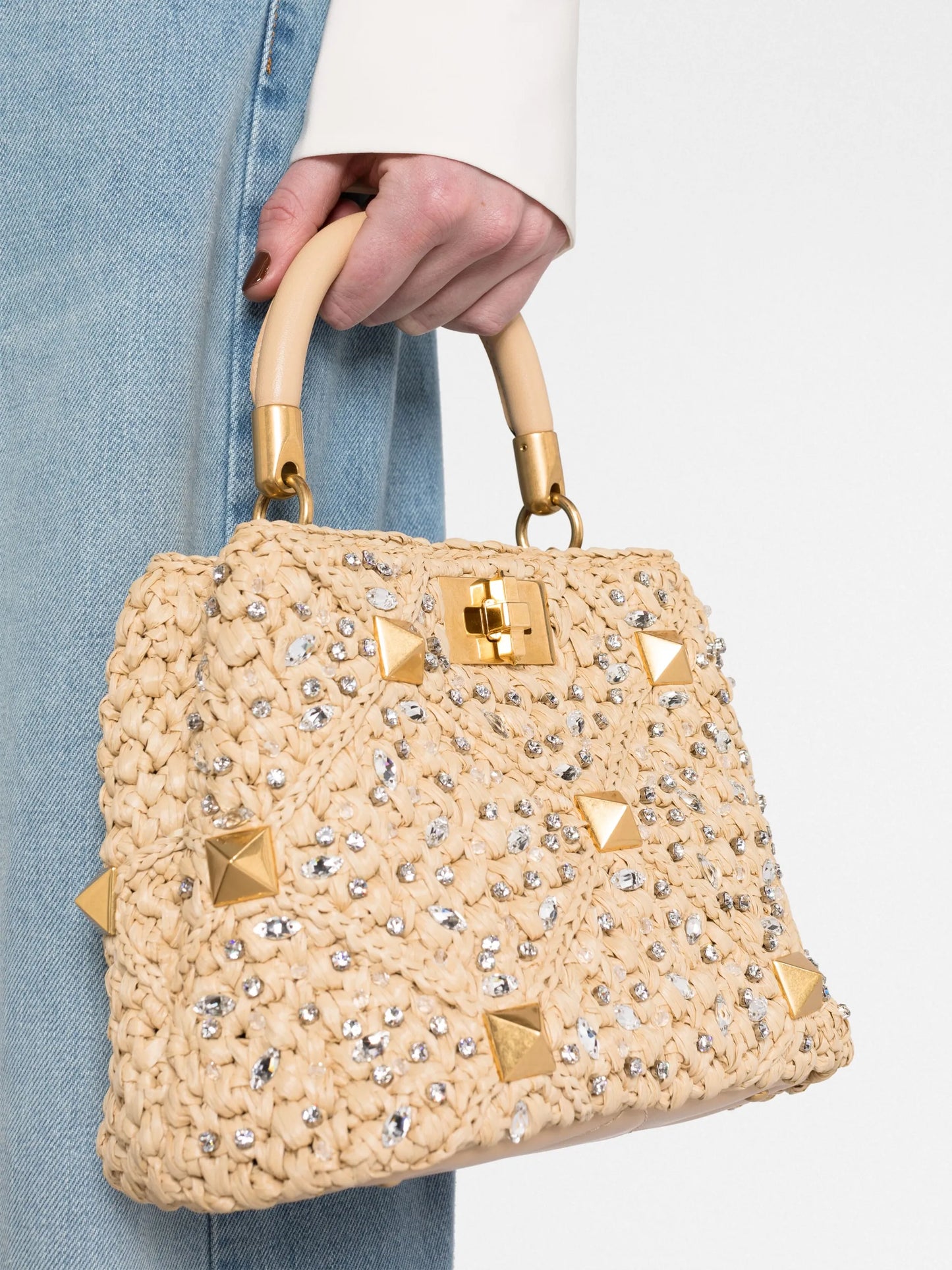 Roman Stud raffia tote bag