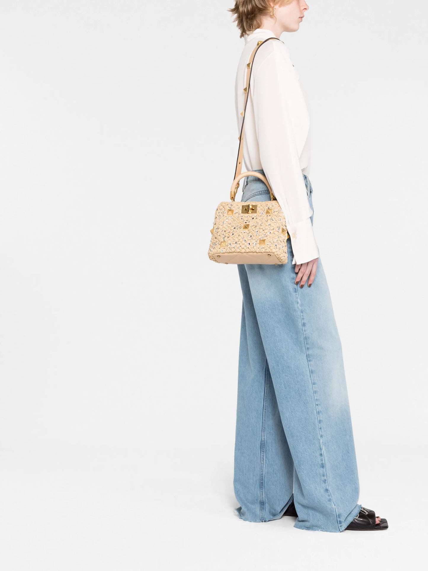 Roman Stud raffia tote bag