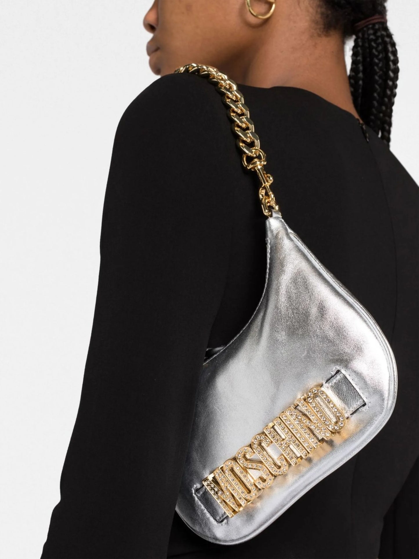 metallic logo-lettering shoulder bag