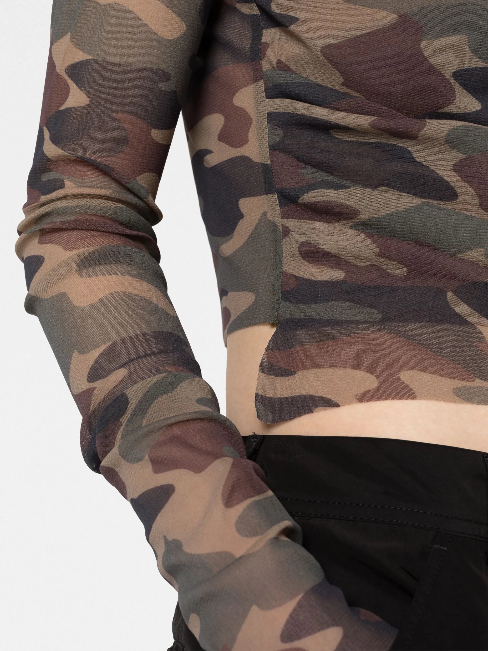 camouflage-print semi-sheer top