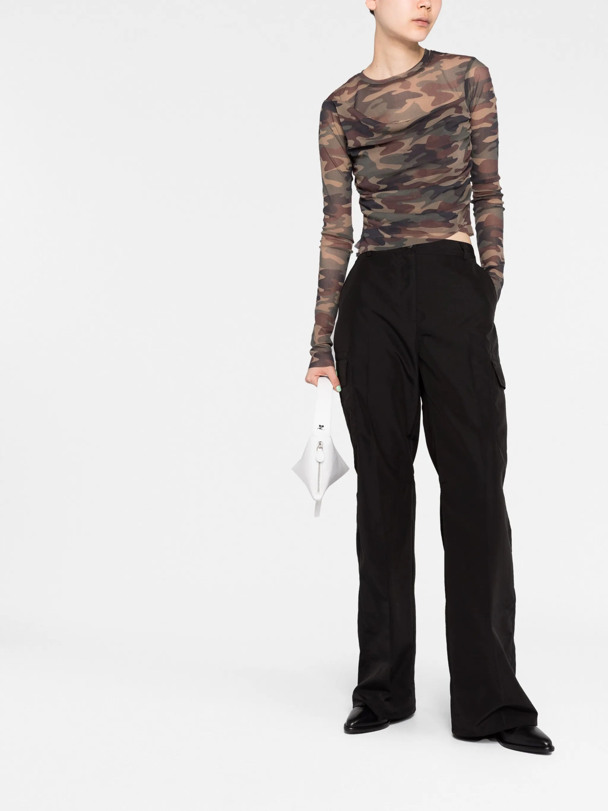 camouflage-print semi-sheer top