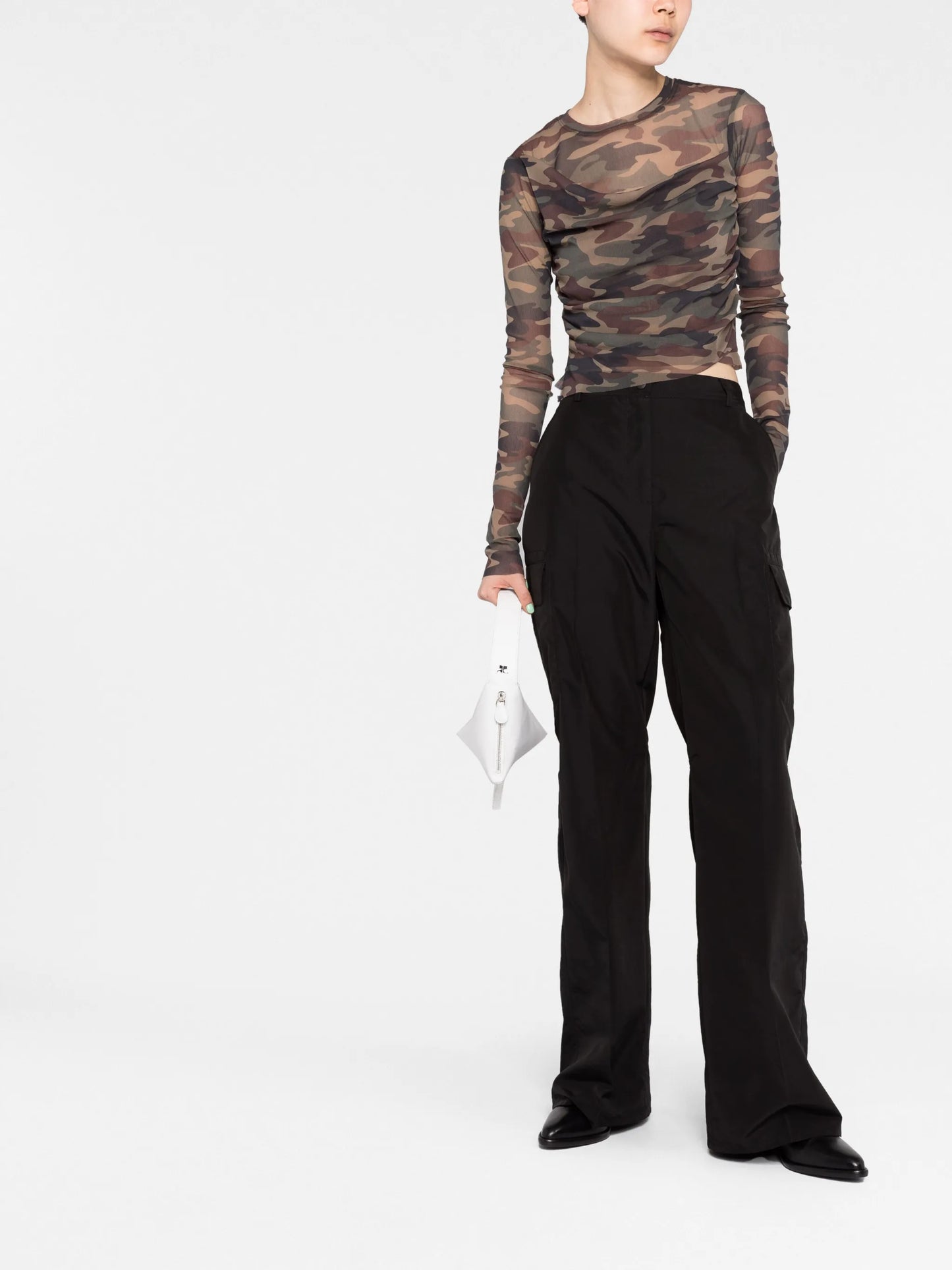 camouflage-print semi-sheer top