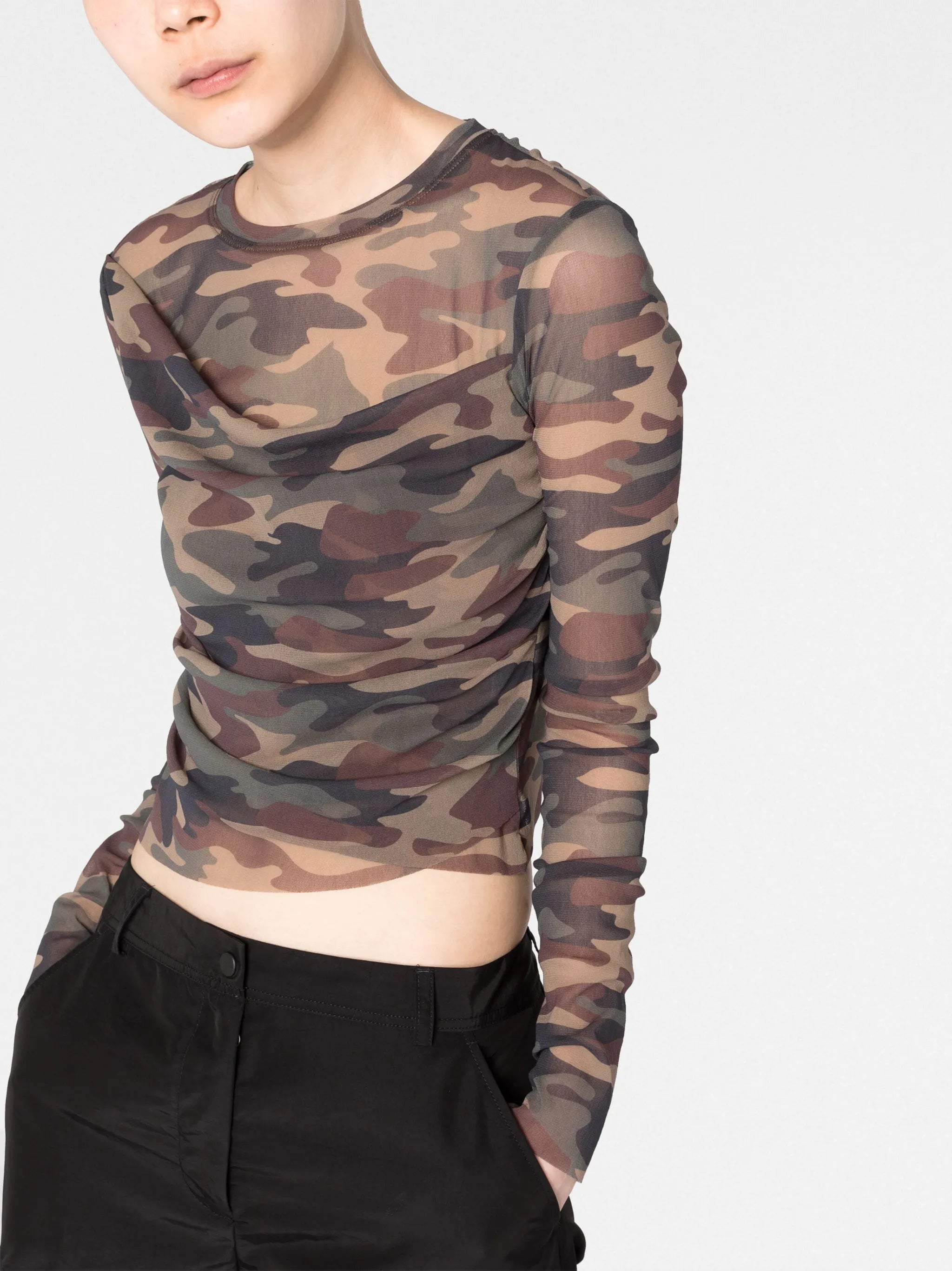 camouflage-print semi-sheer top