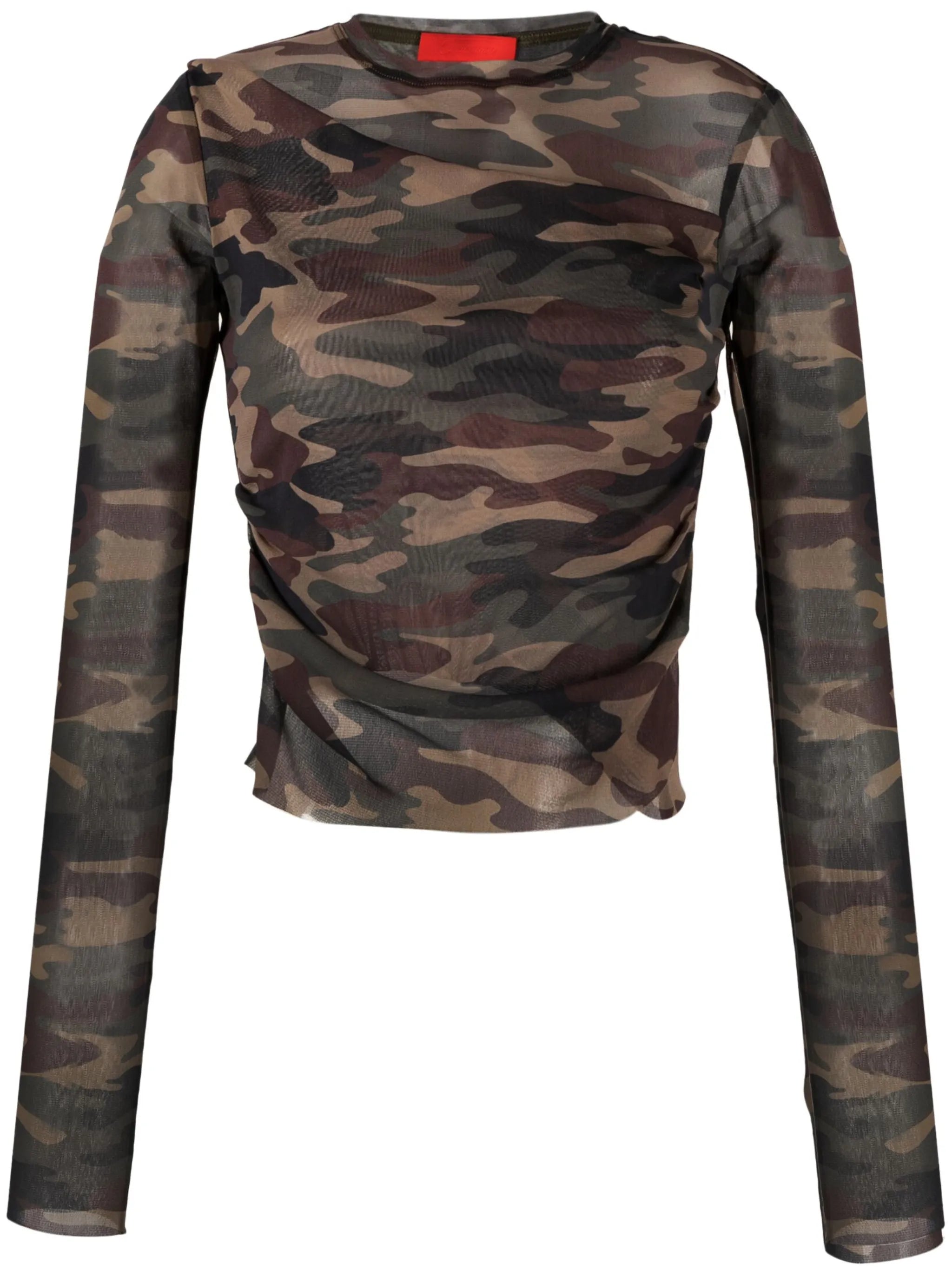 camouflage-print semi-sheer top