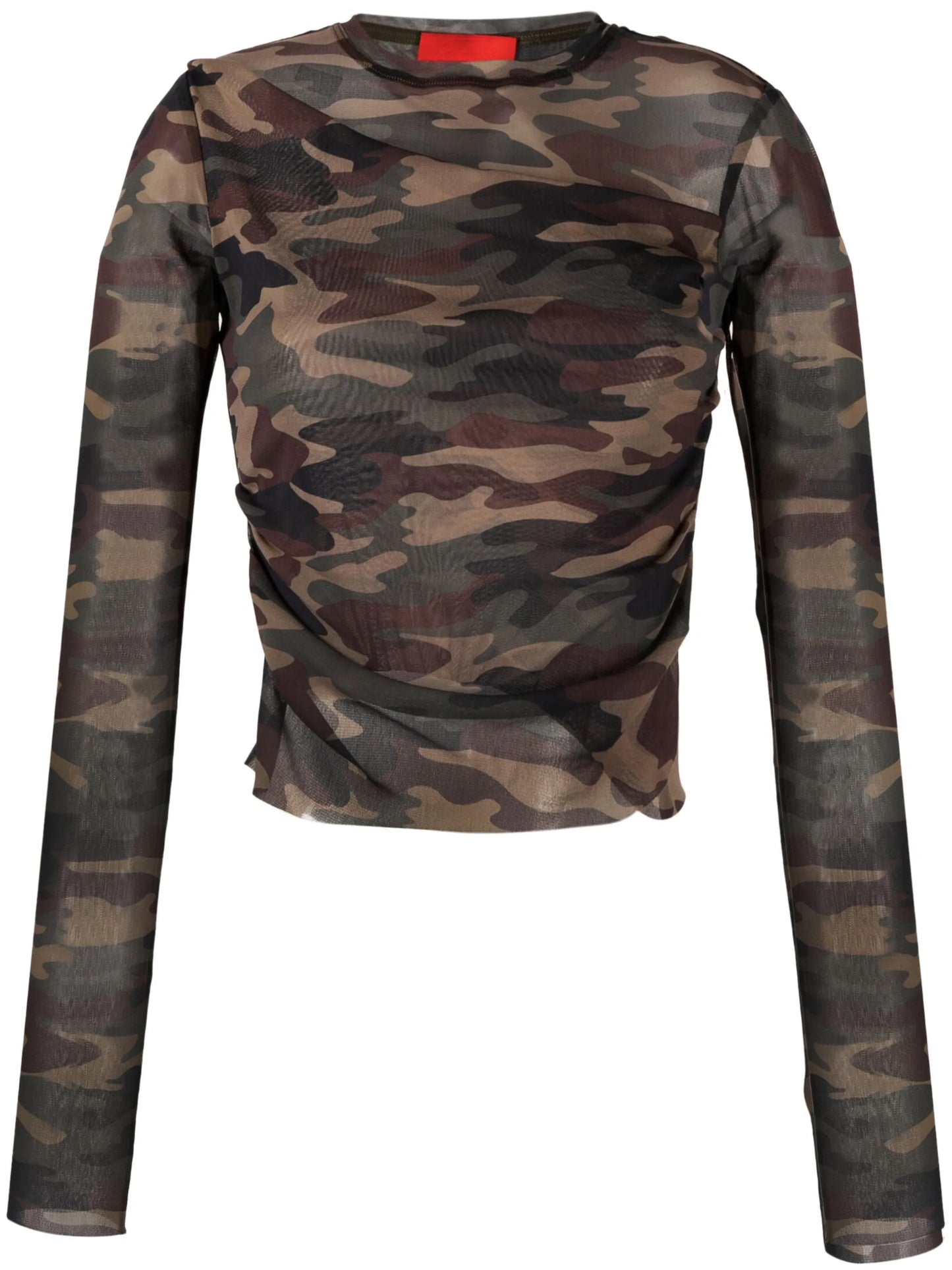 camouflage-print semi-sheer top