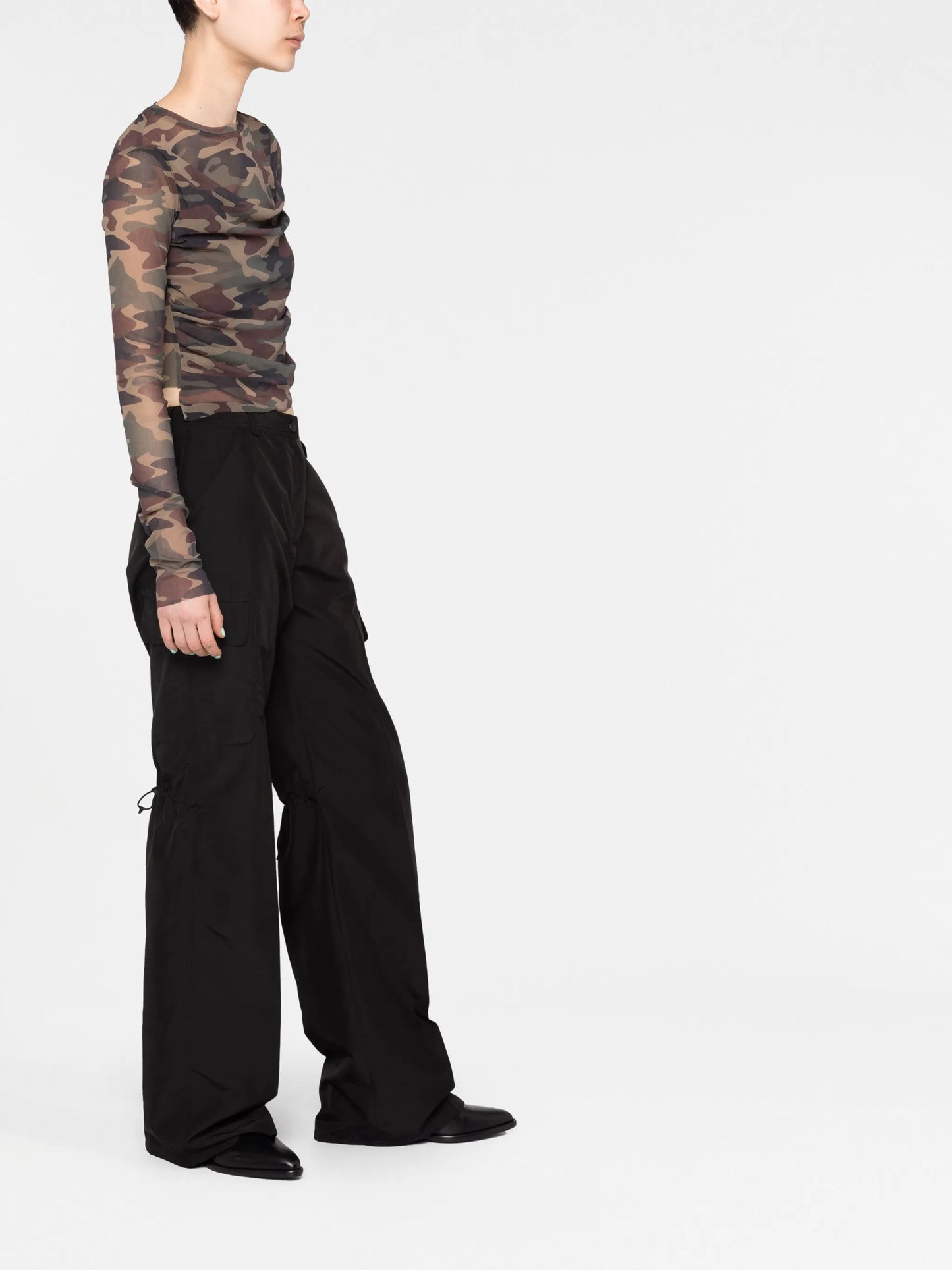 camouflage-print semi-sheer top