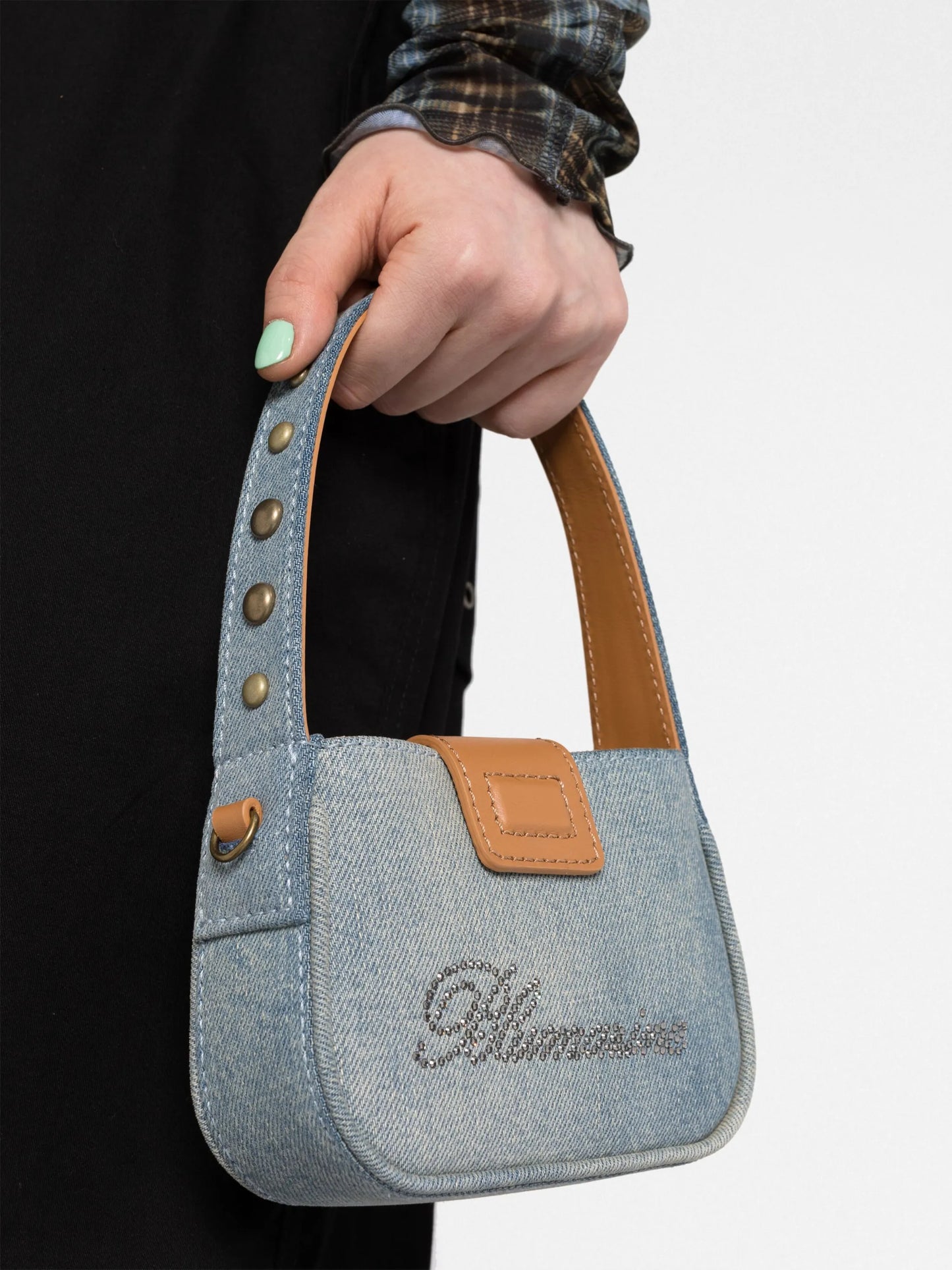 Mini denim top handle bag