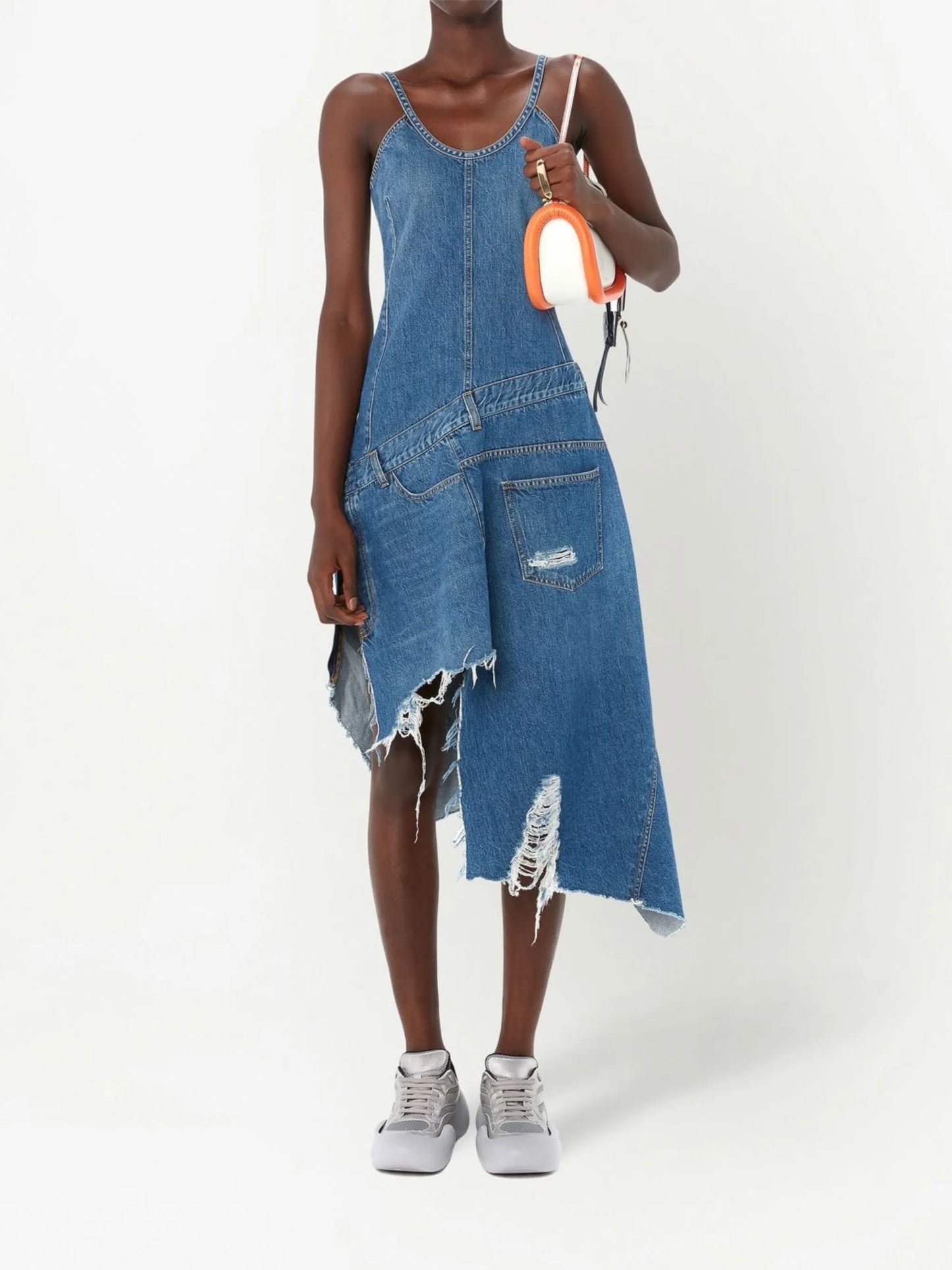 asymmetric distressed denim dress
