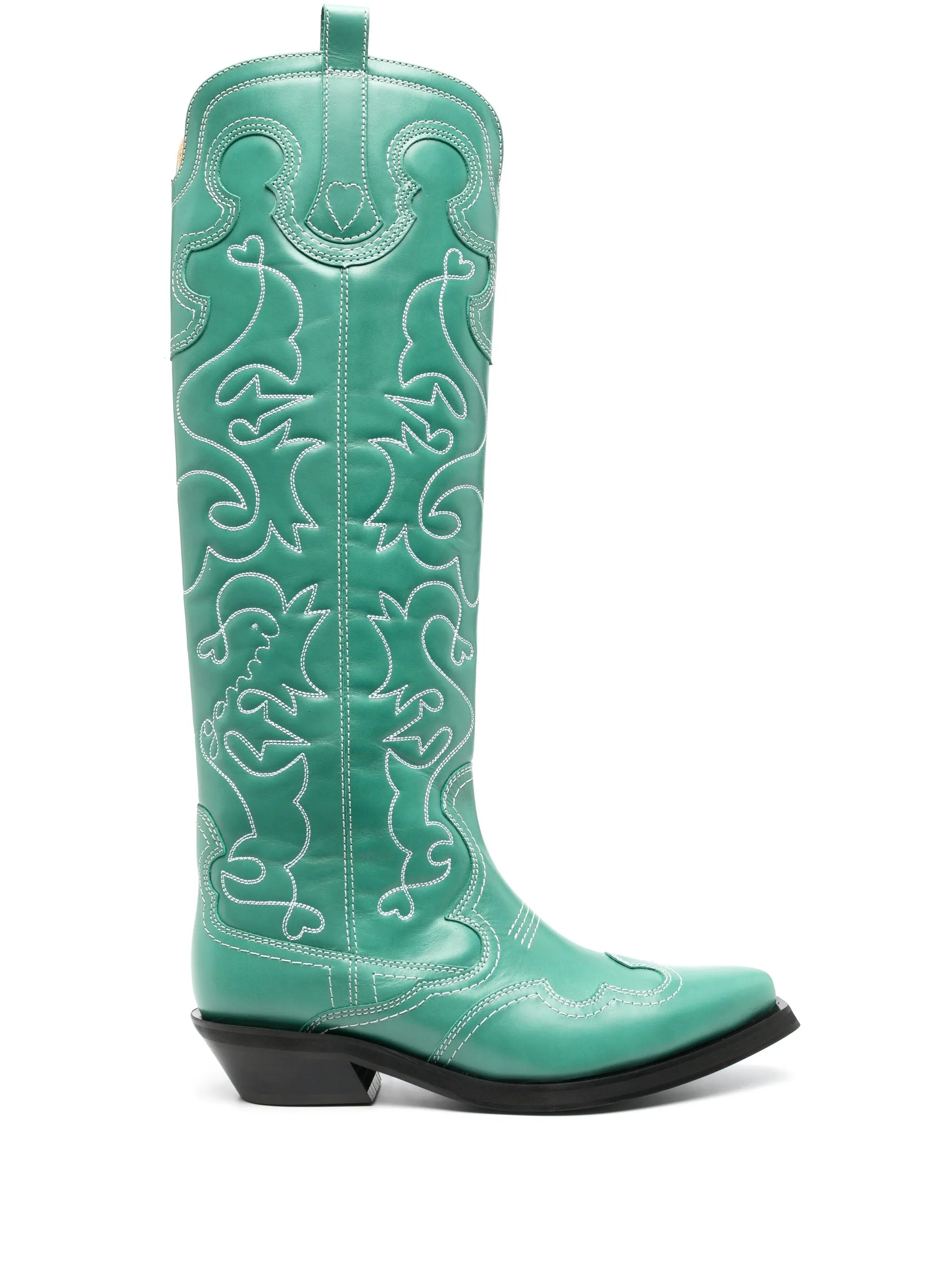 embroidered knee leather boots