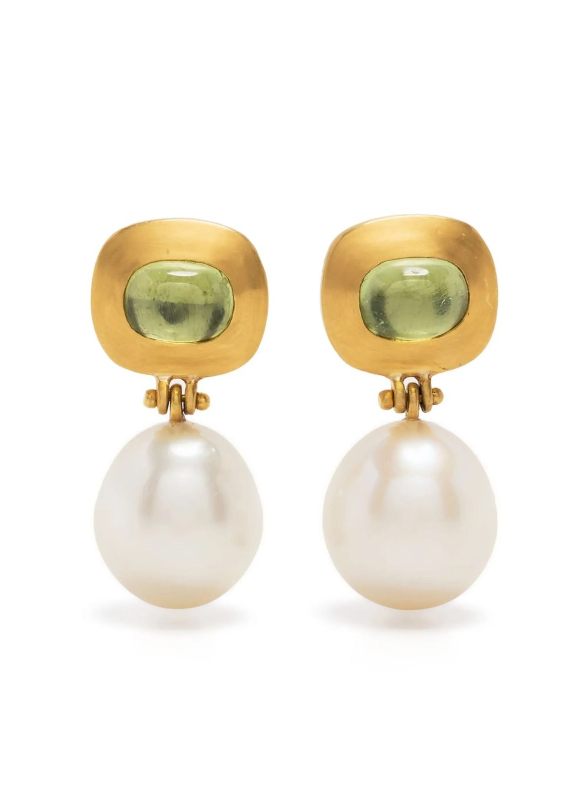 22kt yellow gold Masona pearl and tourmaline drop earrings