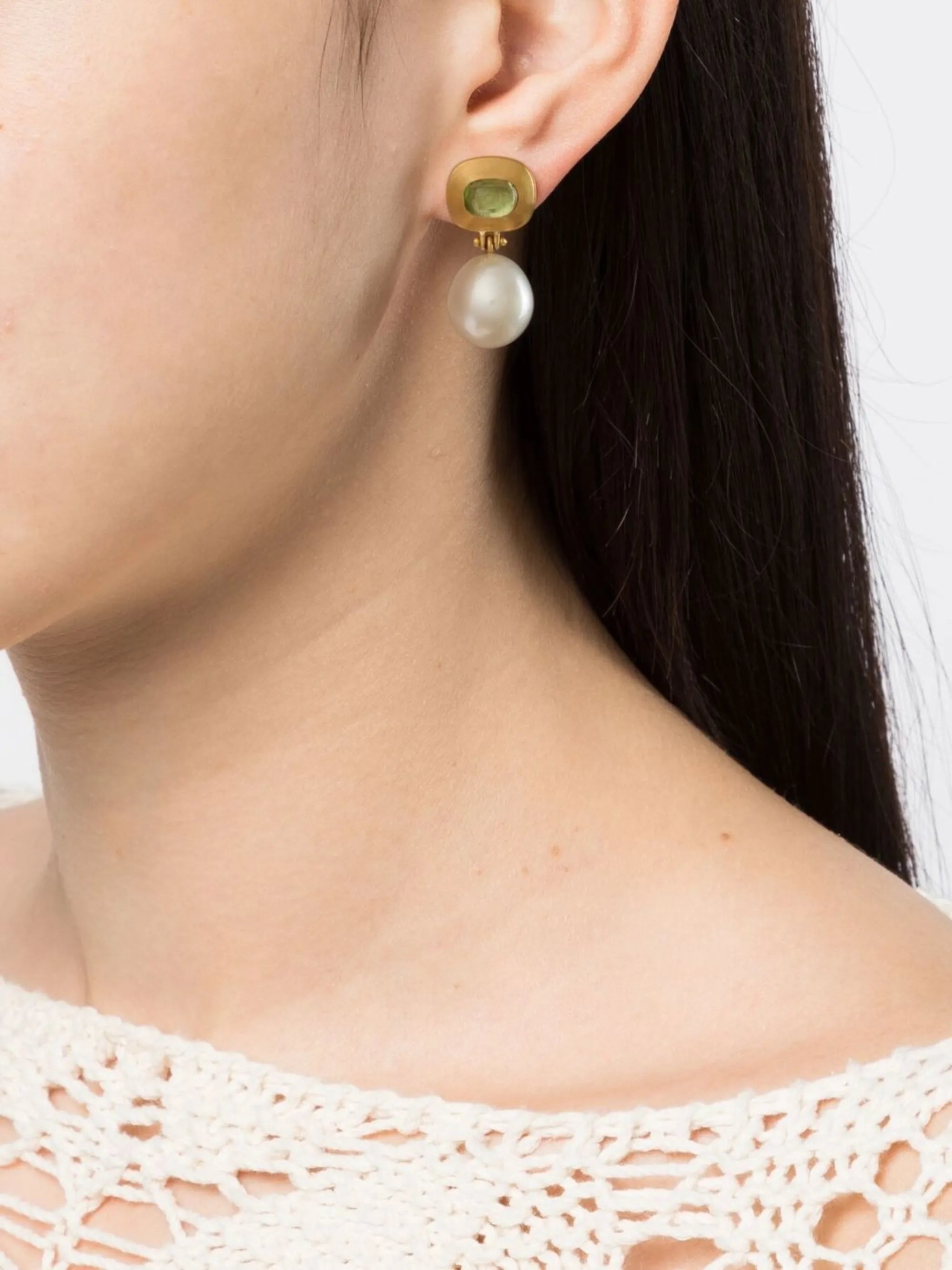 22kt yellow gold Masona pearl and tourmaline drop earrings