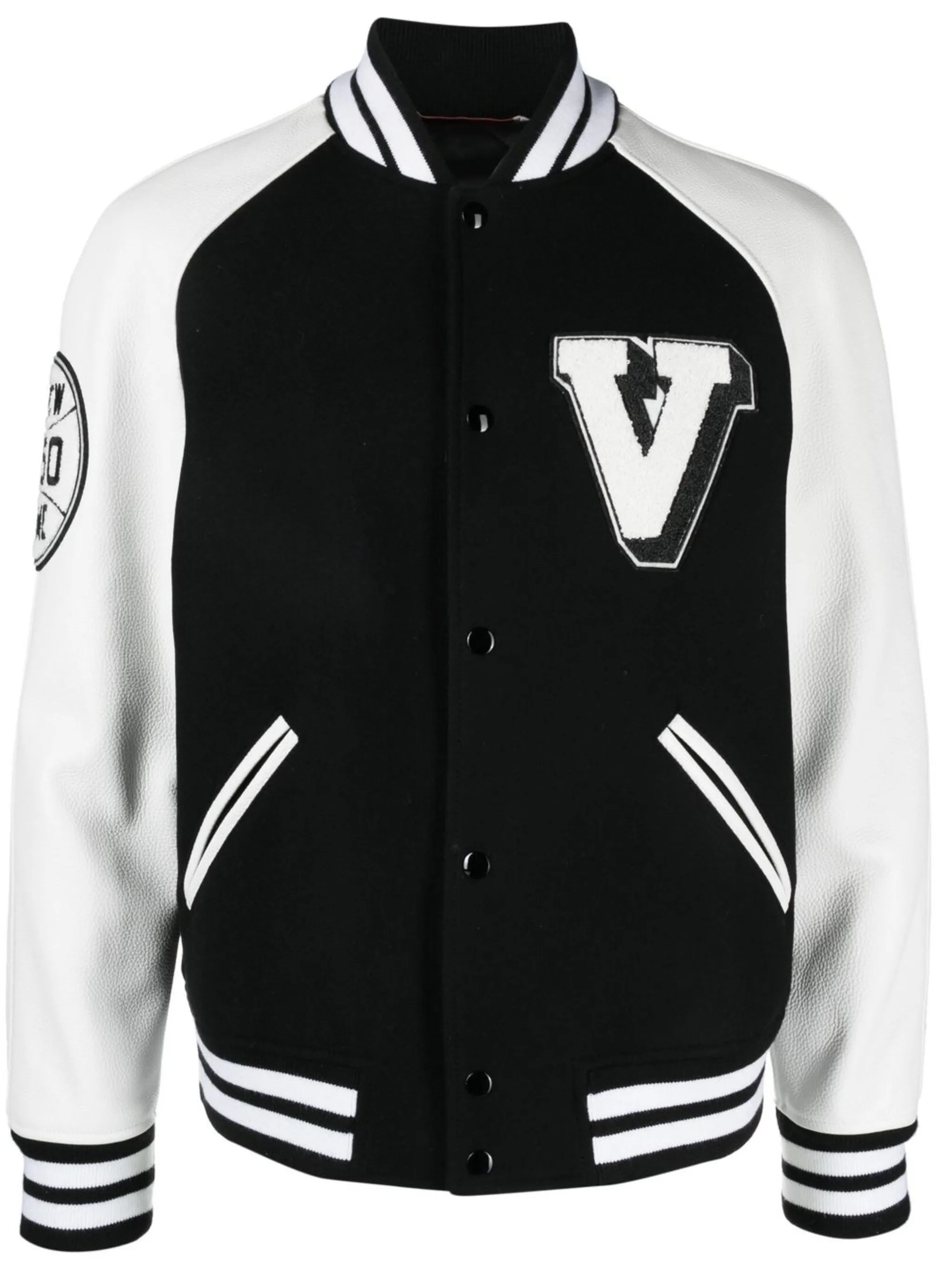 logo-patch leather sleeve bomber jacket