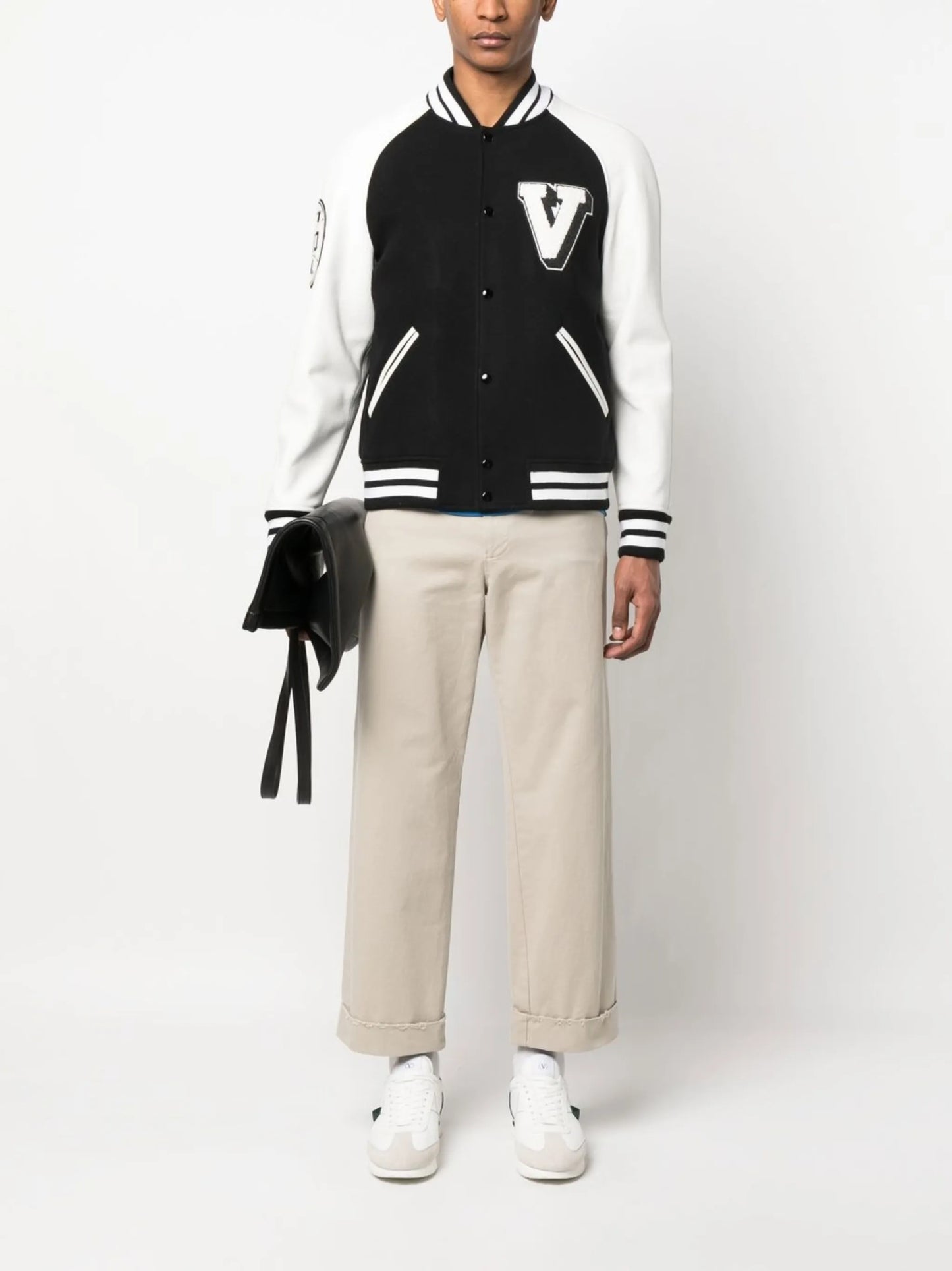 logo-patch leather sleeve bomber jacket