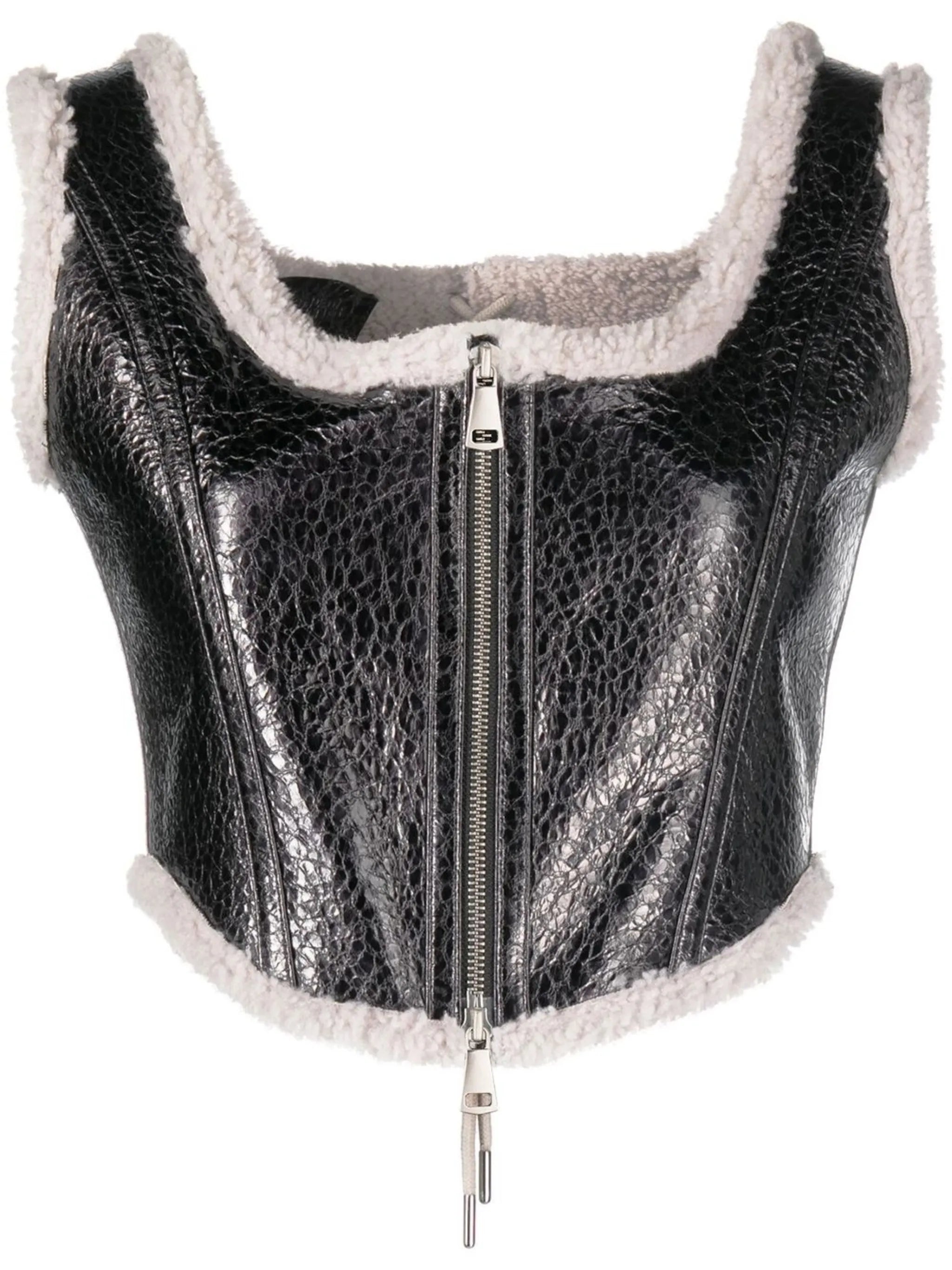 shearling-trim leather bustier top