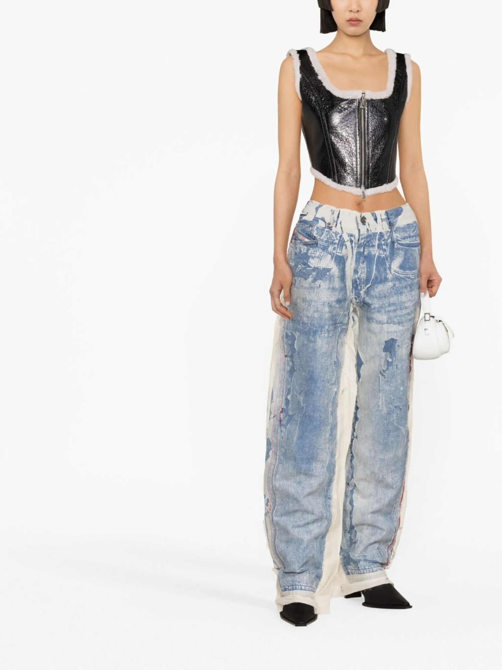shearling-trim leather bustier top