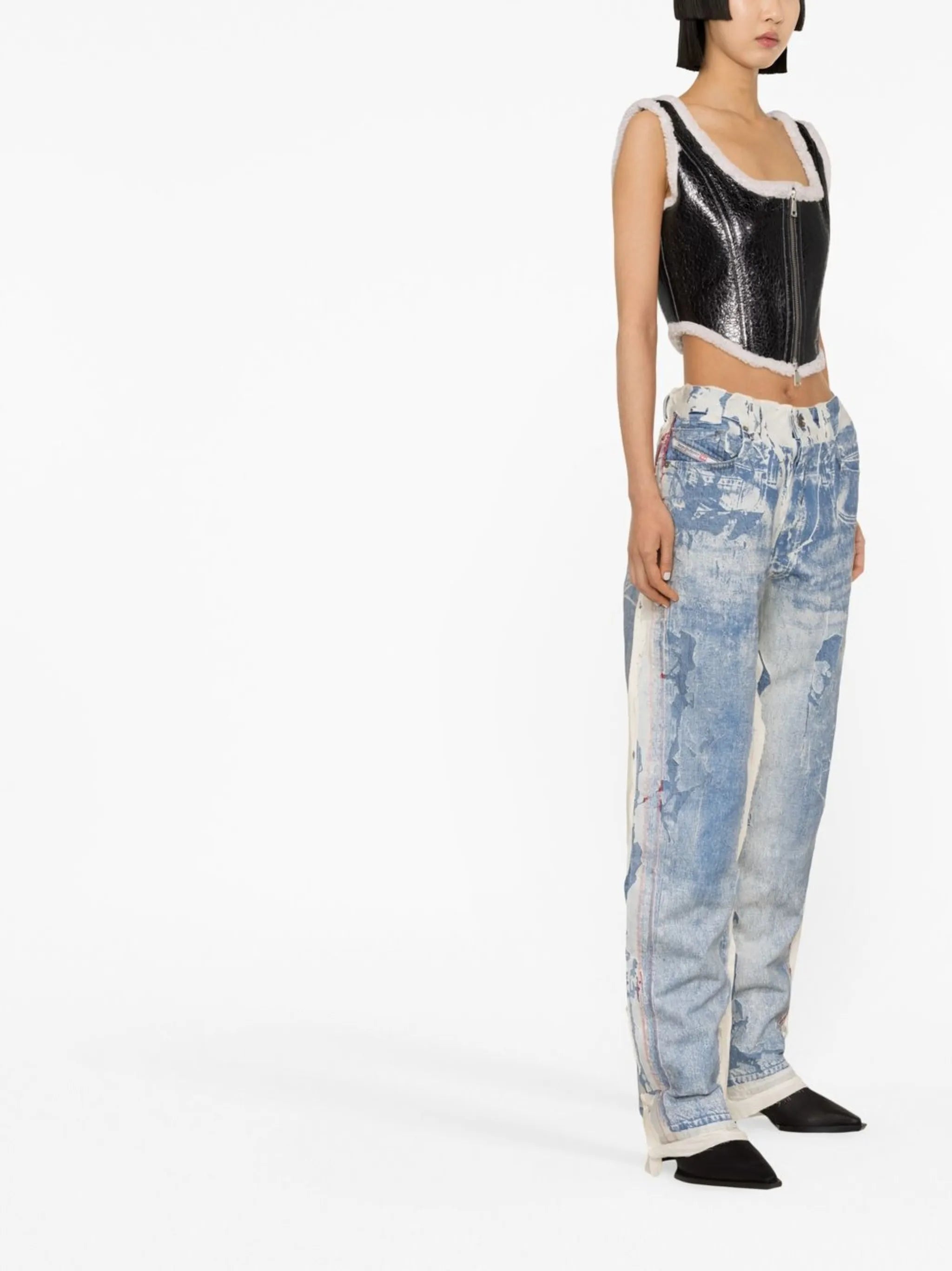shearling-trim leather bustier top