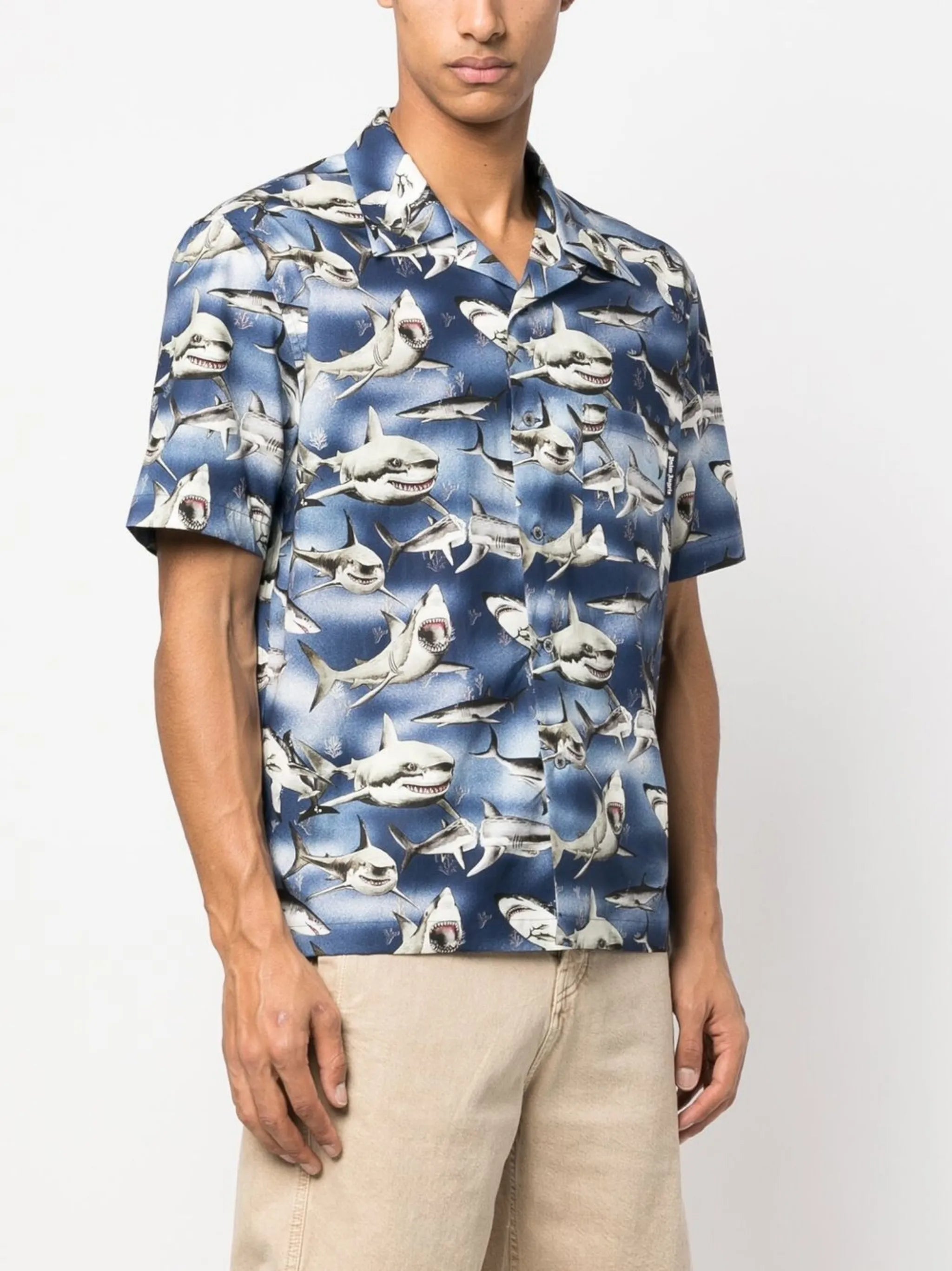 Sharks-print bowling shirt