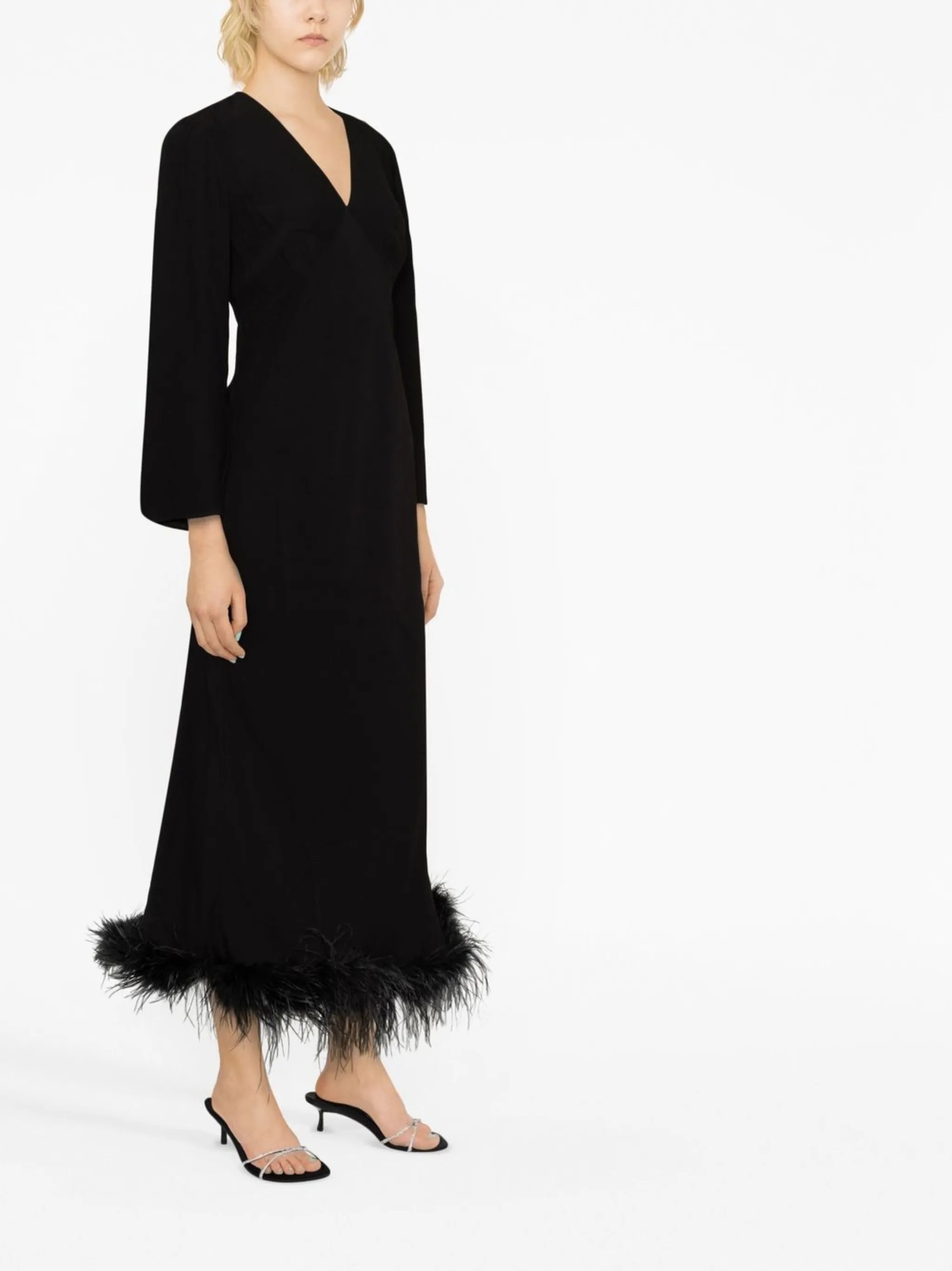 feather-trim ankle-length dress