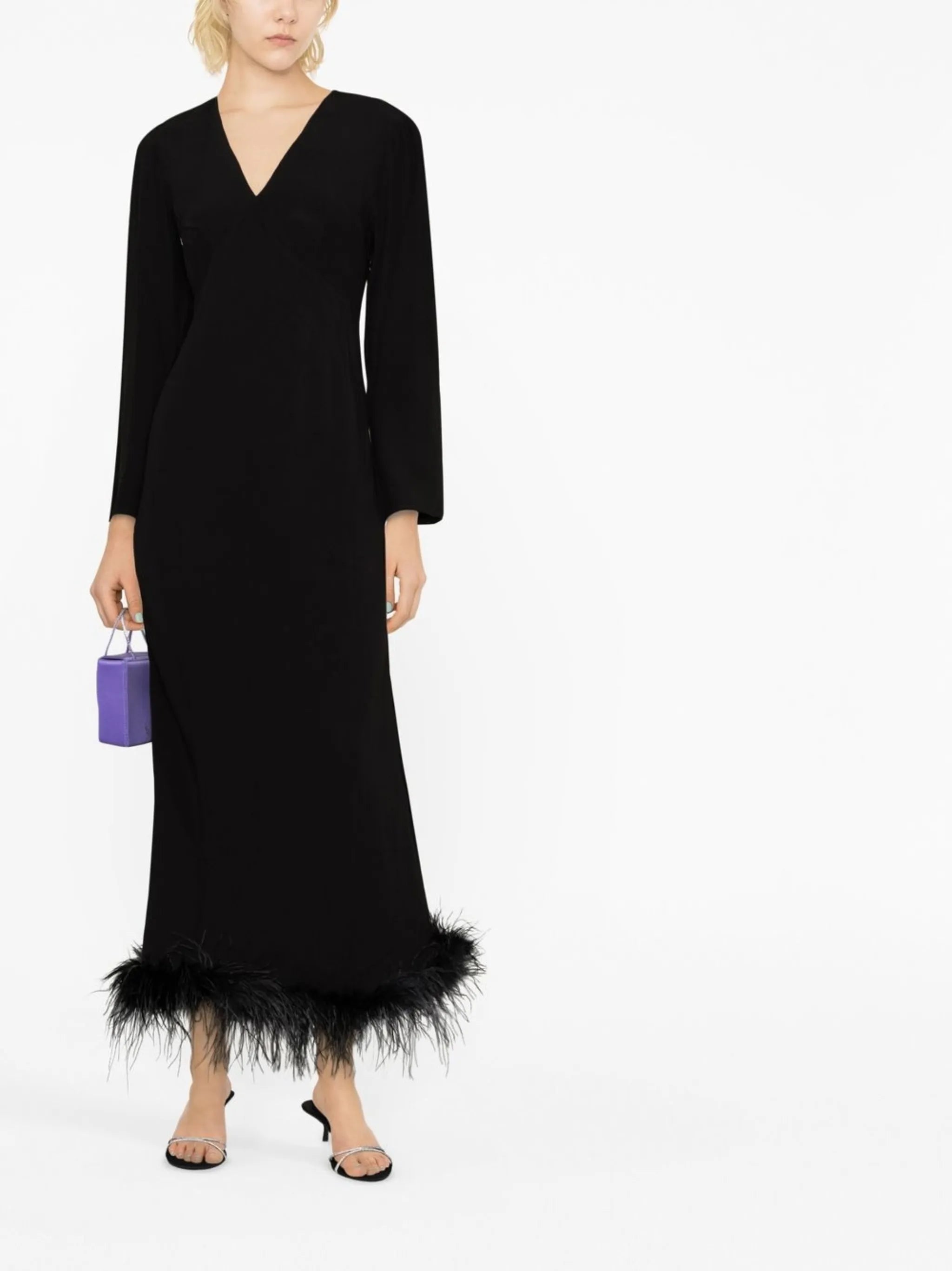 feather-trim ankle-length dress