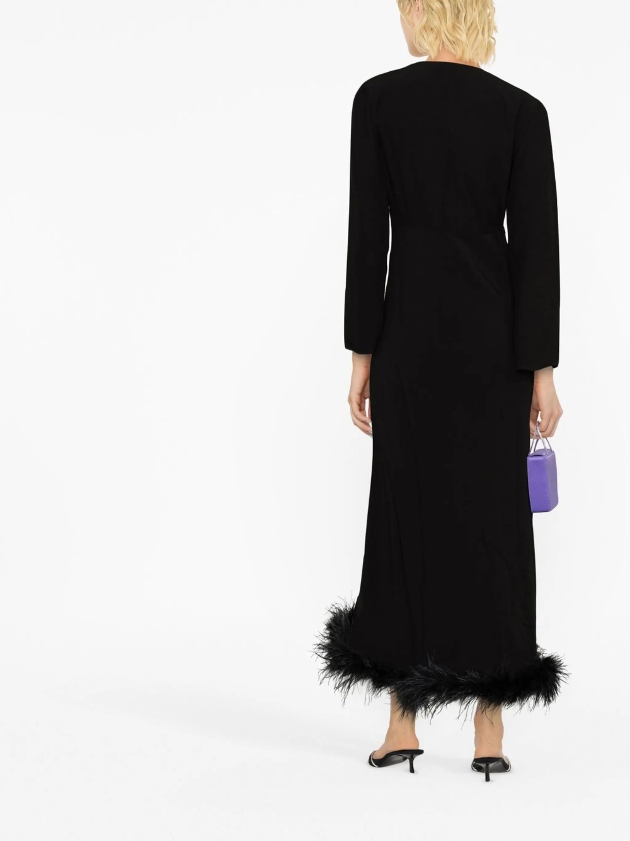 feather-trim ankle-length dress