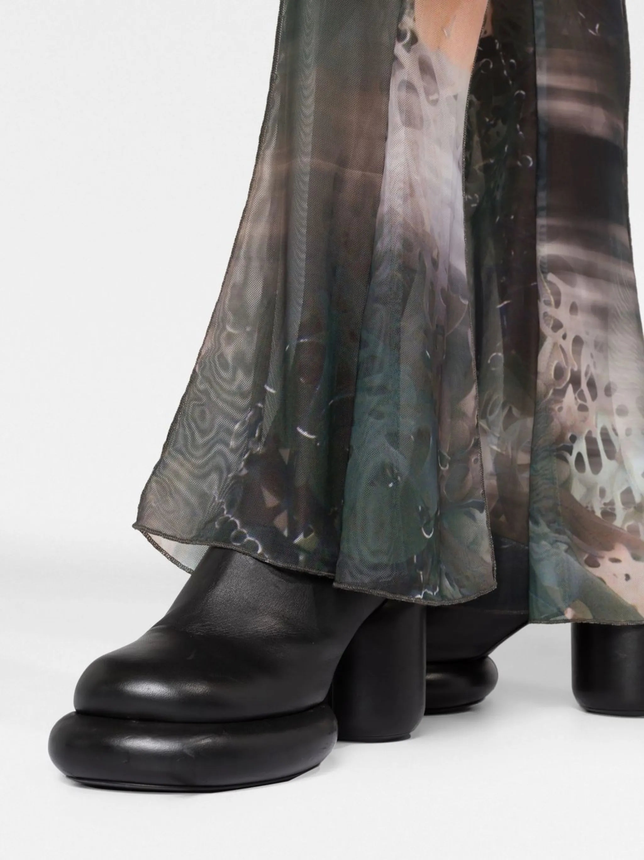 graphic-print mesh flared trousers