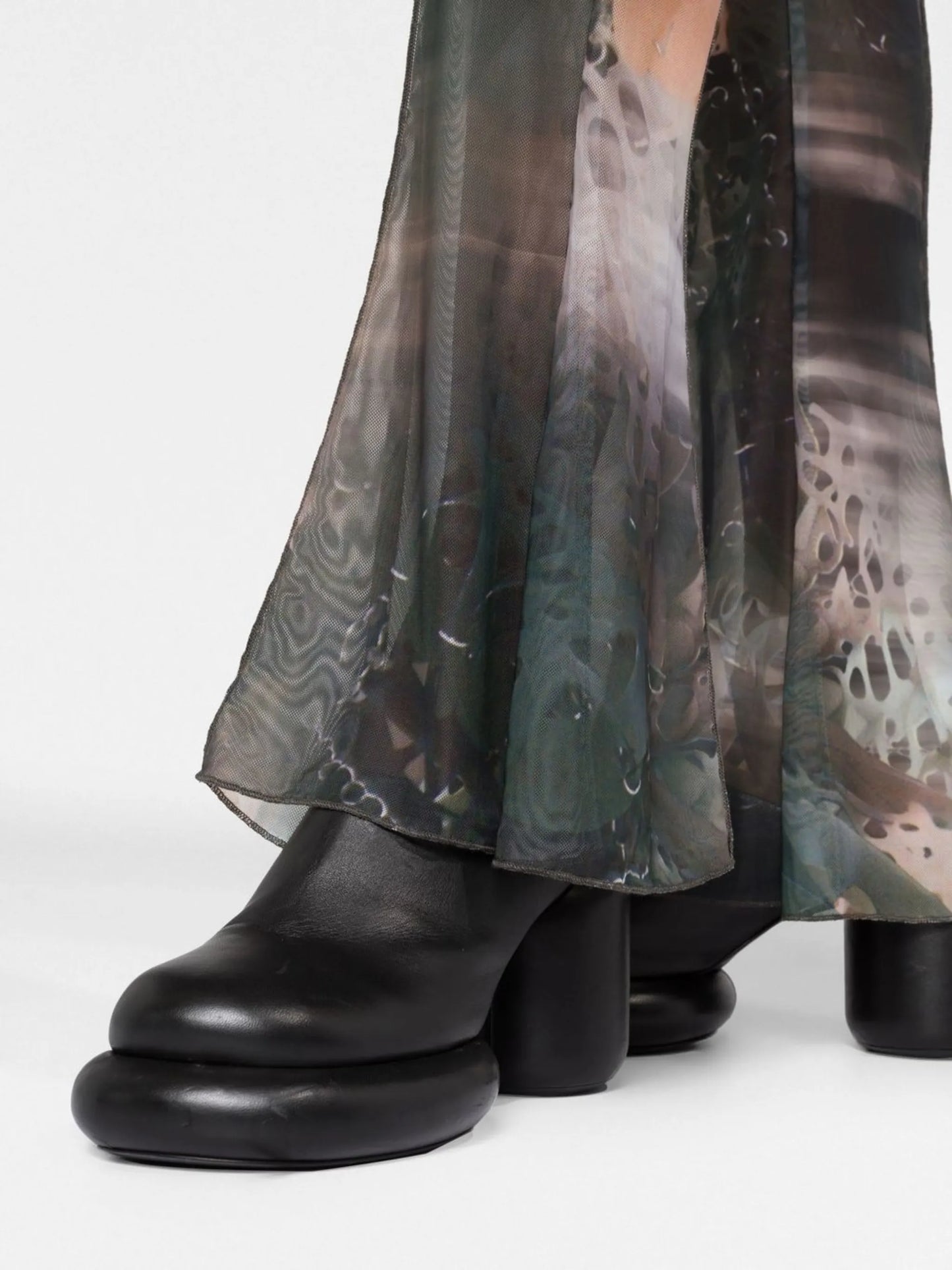 graphic-print mesh flared trousers