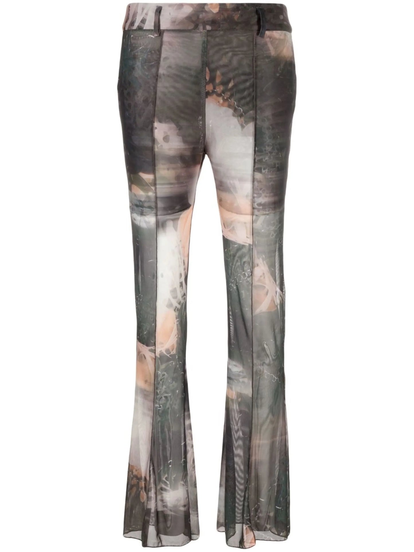 graphic-print mesh flared trousers